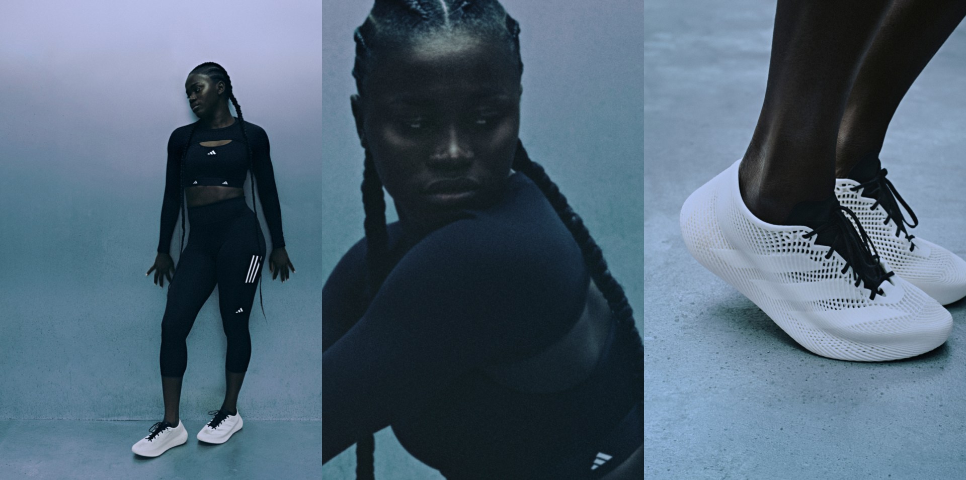 A dark, shadowy figure stands in the foreground, contrasted against a blurred, icy background. Sleek, high-tech shoes adorn the figure's feet, adding a futuristic element to the scene.