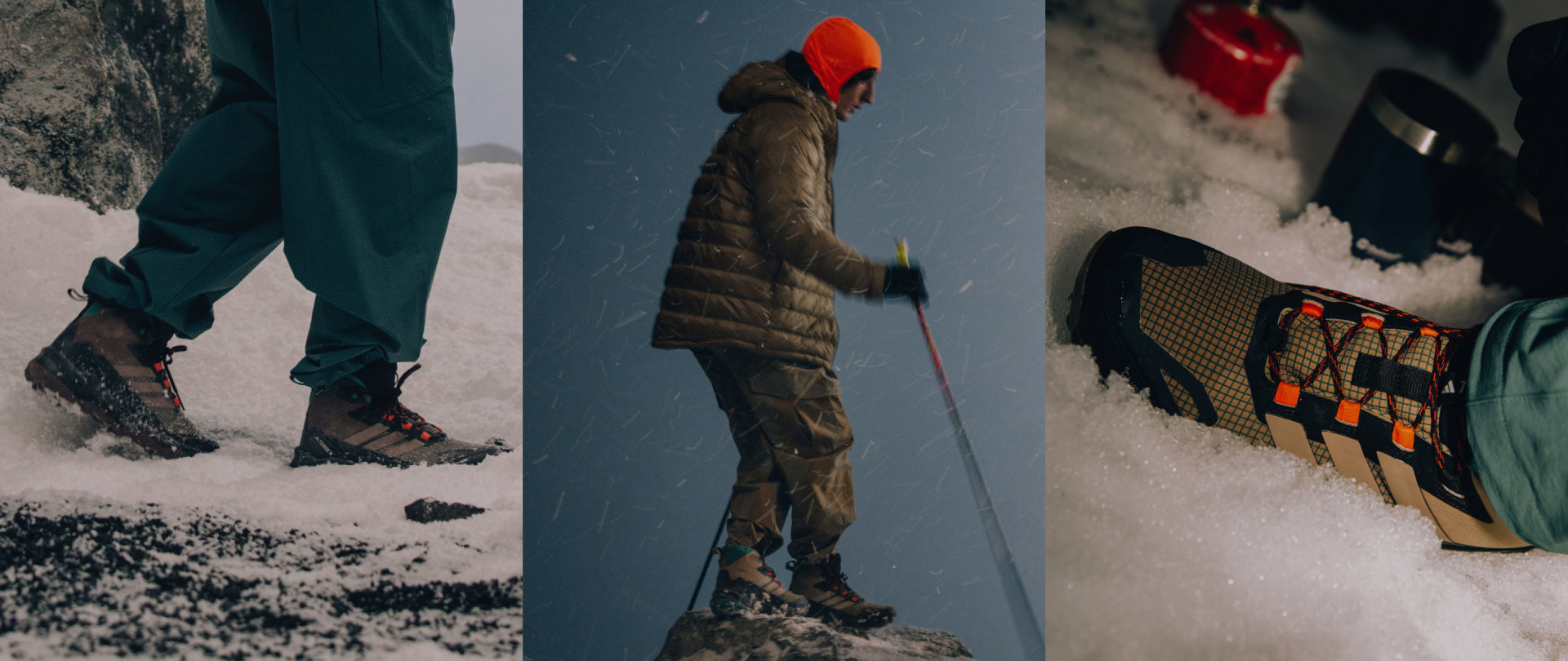 Three images show in a triptych formation: a person walking in snow wearing the new Skychaser AX5 MID GTX CLIMA, a man holding hiking poles and a close up of the shoe.