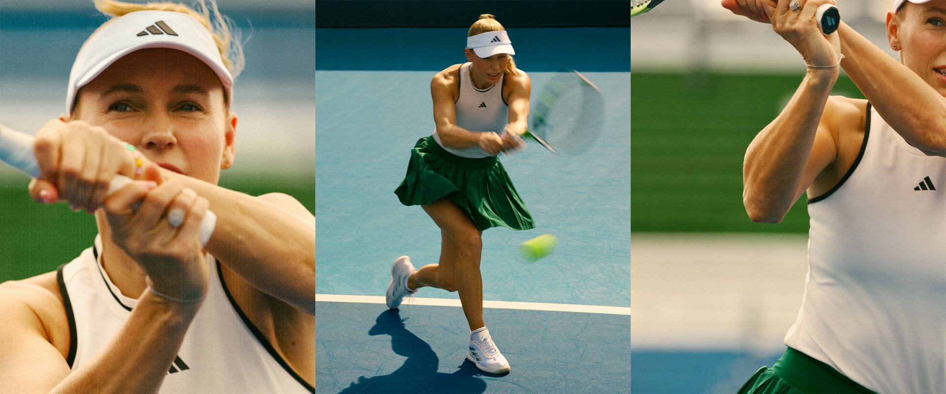 Three frames of a woman playing tennis, holding a racket, and wearing full adidas tennis gear: a white top, green tennis skirt, white shoes, and a white visor.