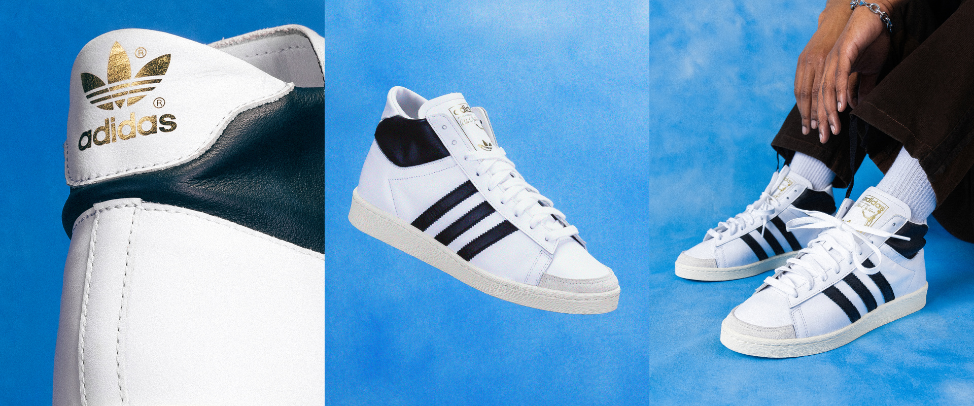 The image features several pairs of Adidas sneakers, including a classic white and black pair, against a vibrant blue background.