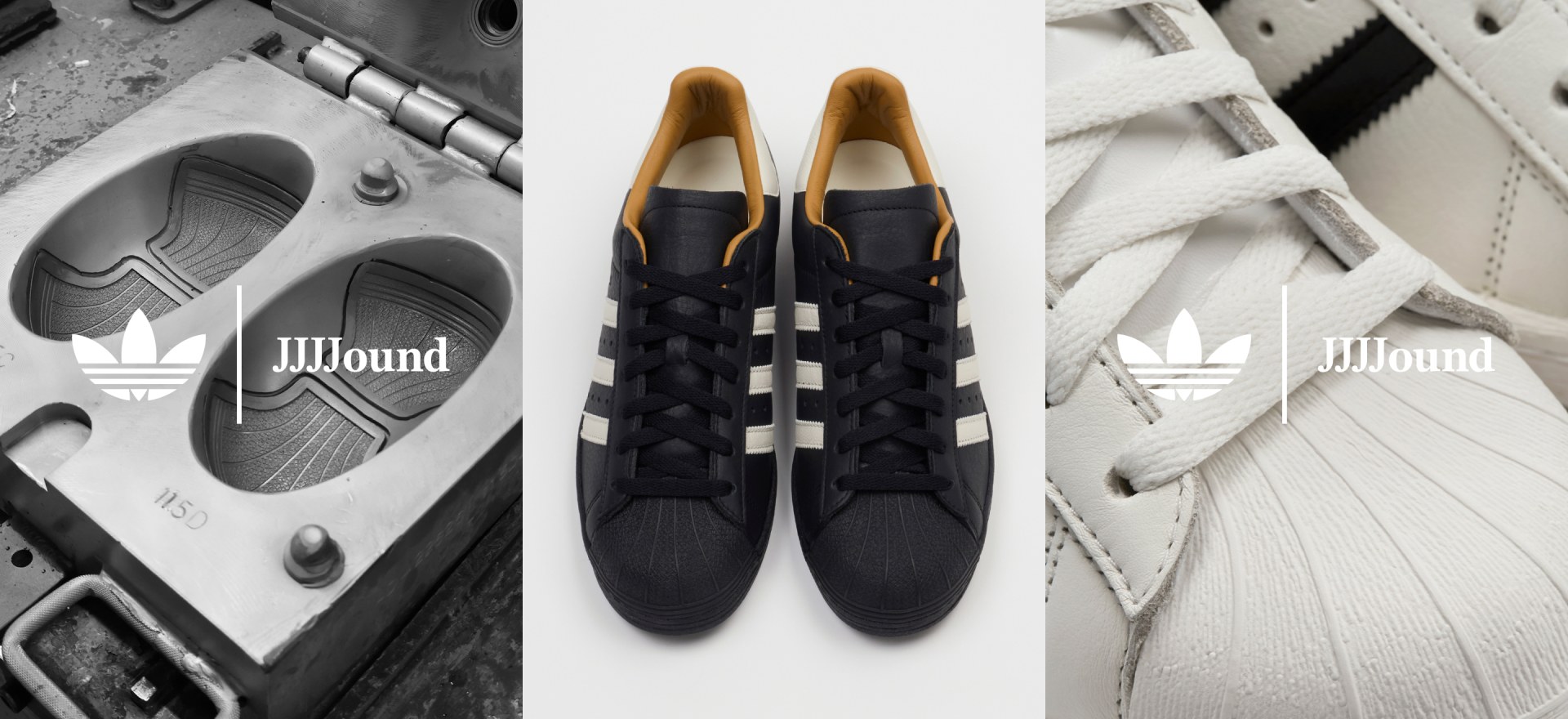 A close-up of the white and black adidas Originals x JJJJound Superstar sneakers next to the mould used for crafting the shell toe.