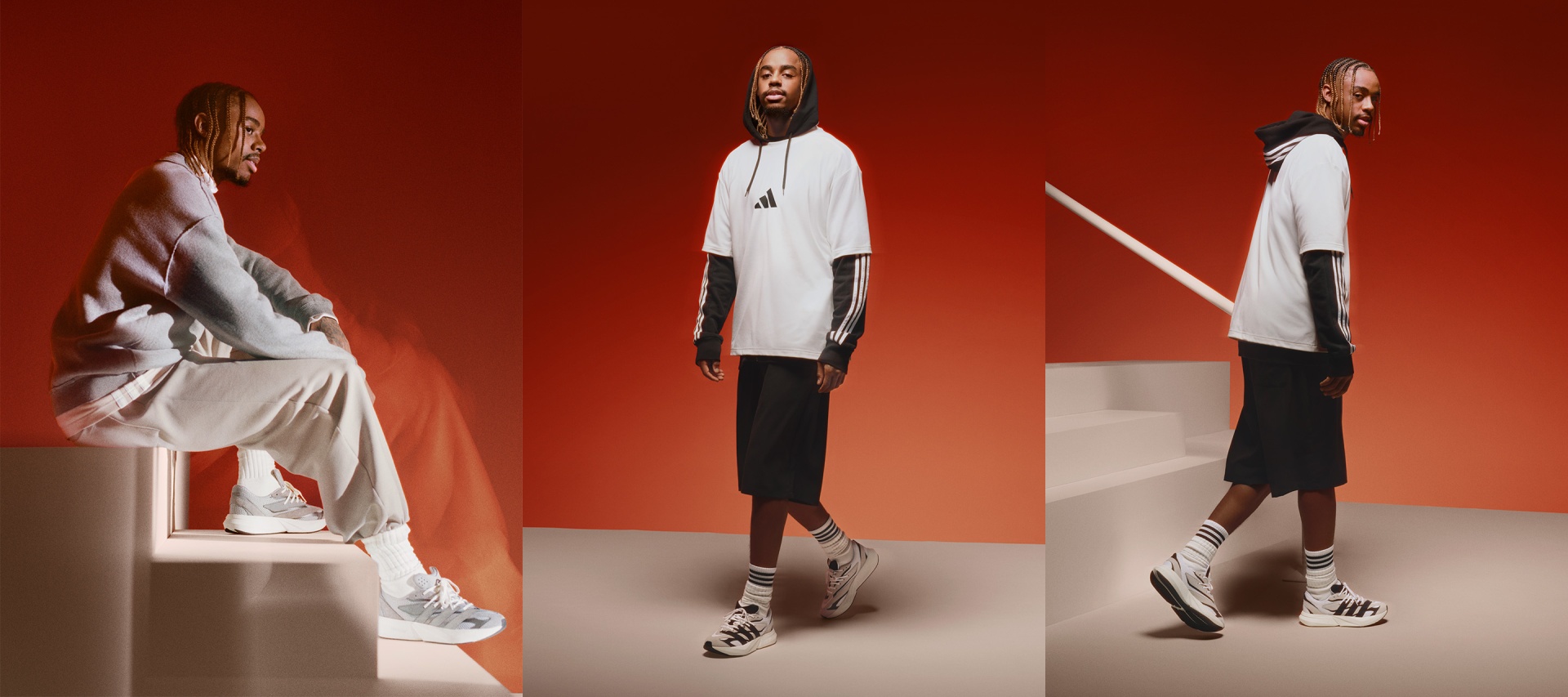 The image features three individuals wearing stylish, contemporary fashion pieces against a vibrant red background.