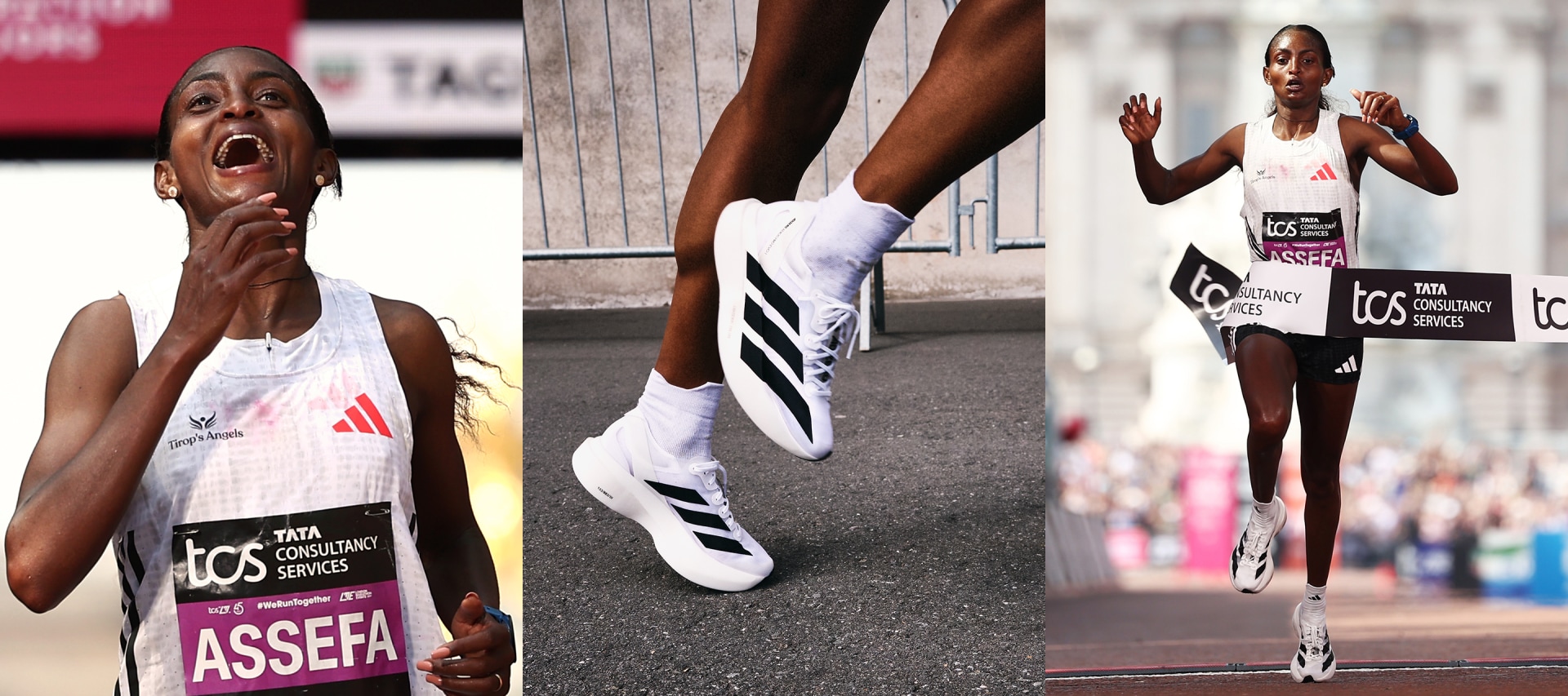 Image of a finish line moment from two angles and image of a shoe.