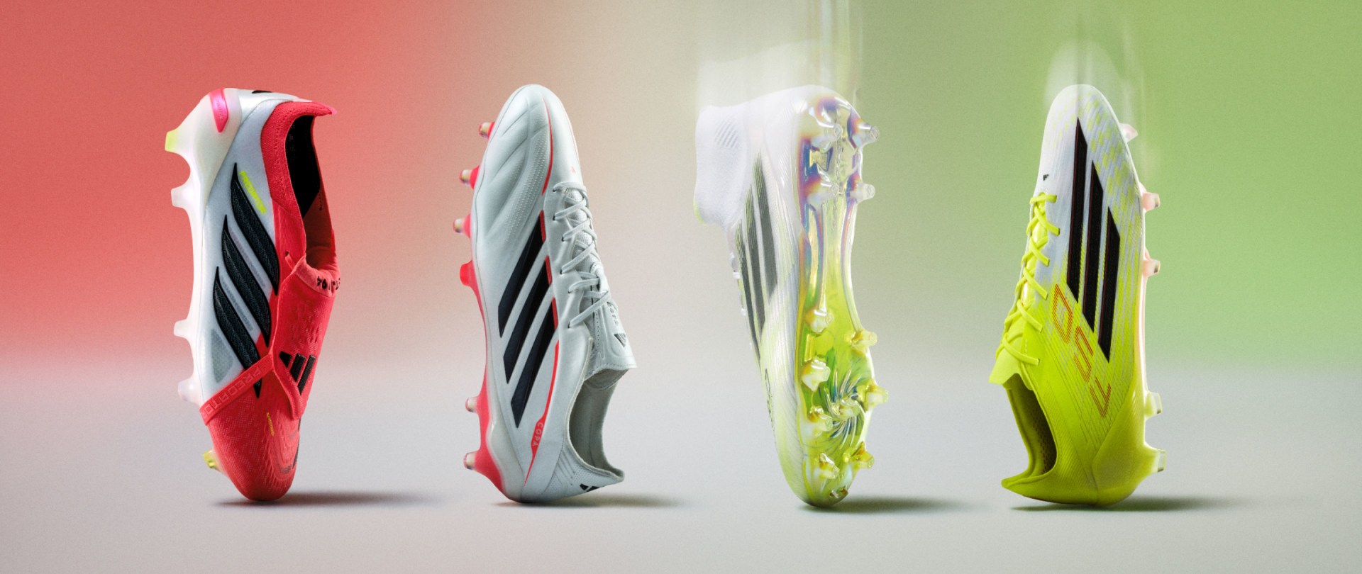Four colorful and stylized soccer cleats or football boots are displayed against a gradient background, showcasing their unique designs and vibrant colors.
