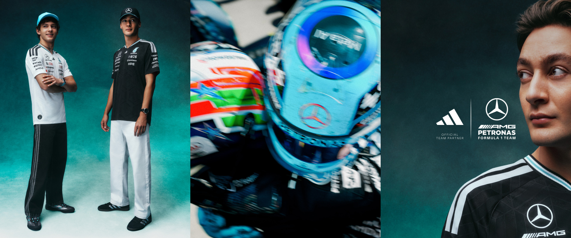 The image features two individuals wearing Formula 1 racing kits, with the background showcasing various racing-related elements such as a Mercedes-AMG Petronas logo and a close-up view of a Formula 1 car.