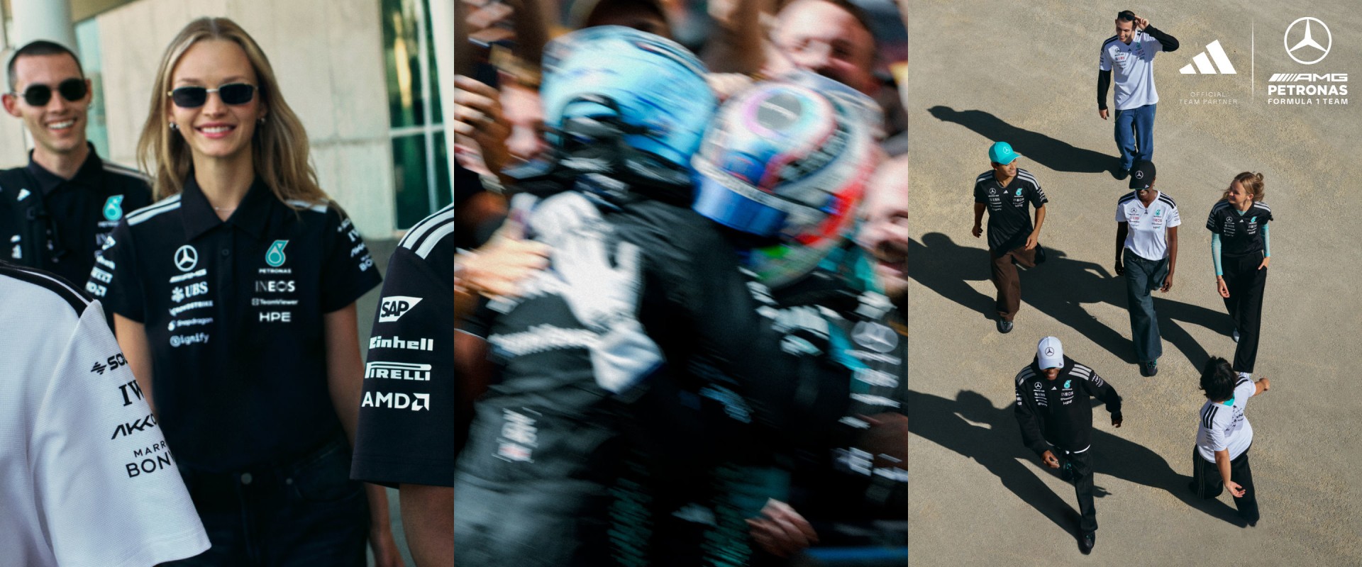 The image shows a blurred figure in the foreground, likely a person, wearing a black racing suit with various sponsor logos. In the background, there are several silhouetted figures, possibly other people, and a wall or structure with an Adidas logo visible.