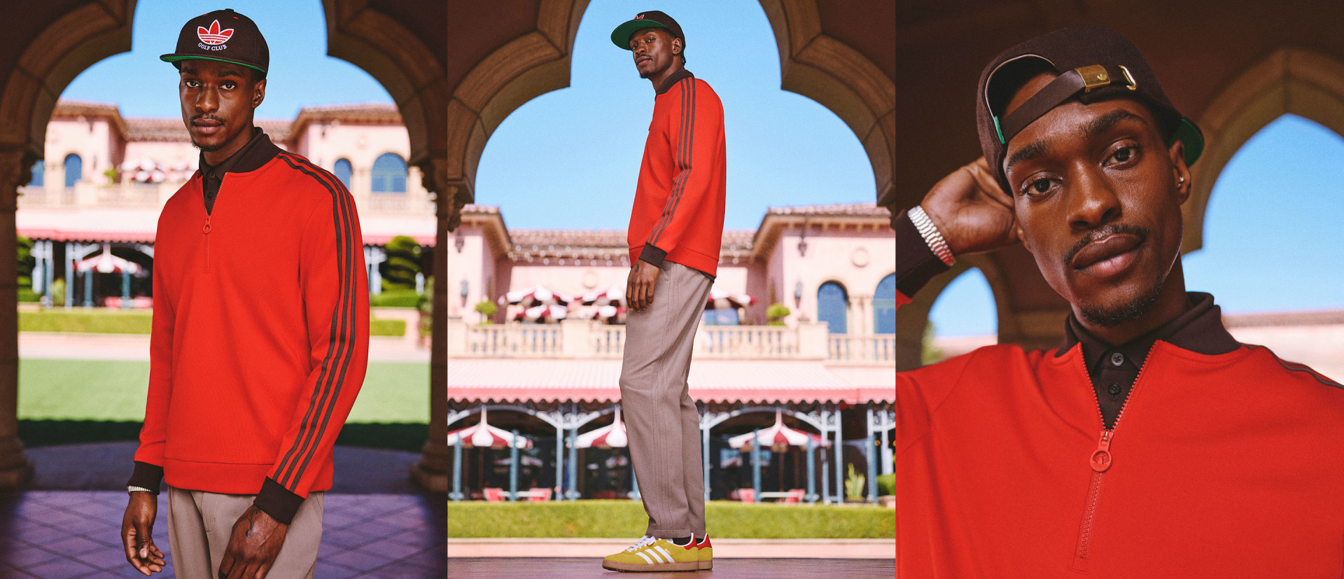 The image features three individuals wearing traditional Moroccan-style apparel, standing in front of an ornate architectural backdrop that appears to be a palace or other historic building.