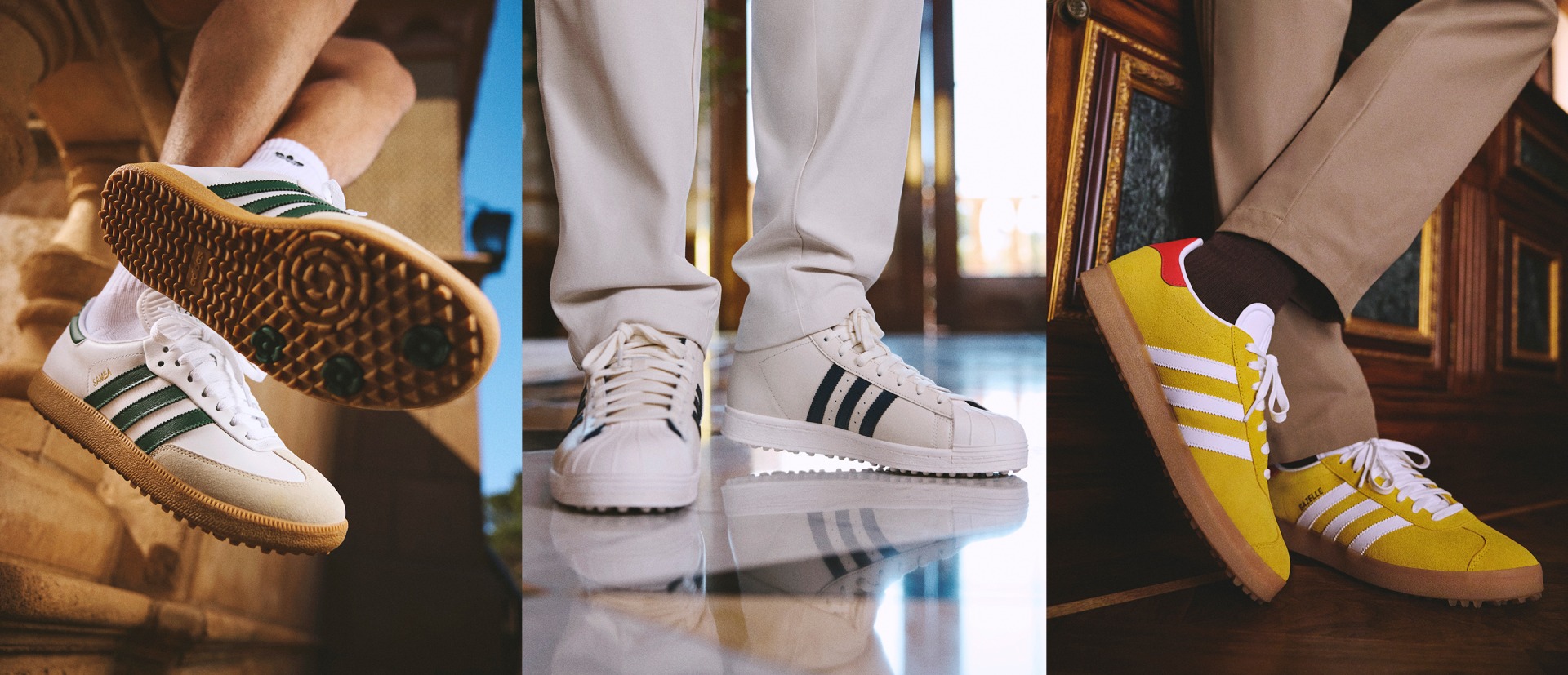 The image features a close-up view of several pairs of sneakers, including a pair of white and yellow Adidas shoes, against a backdrop of what appears to be a wooden or tiled floor.