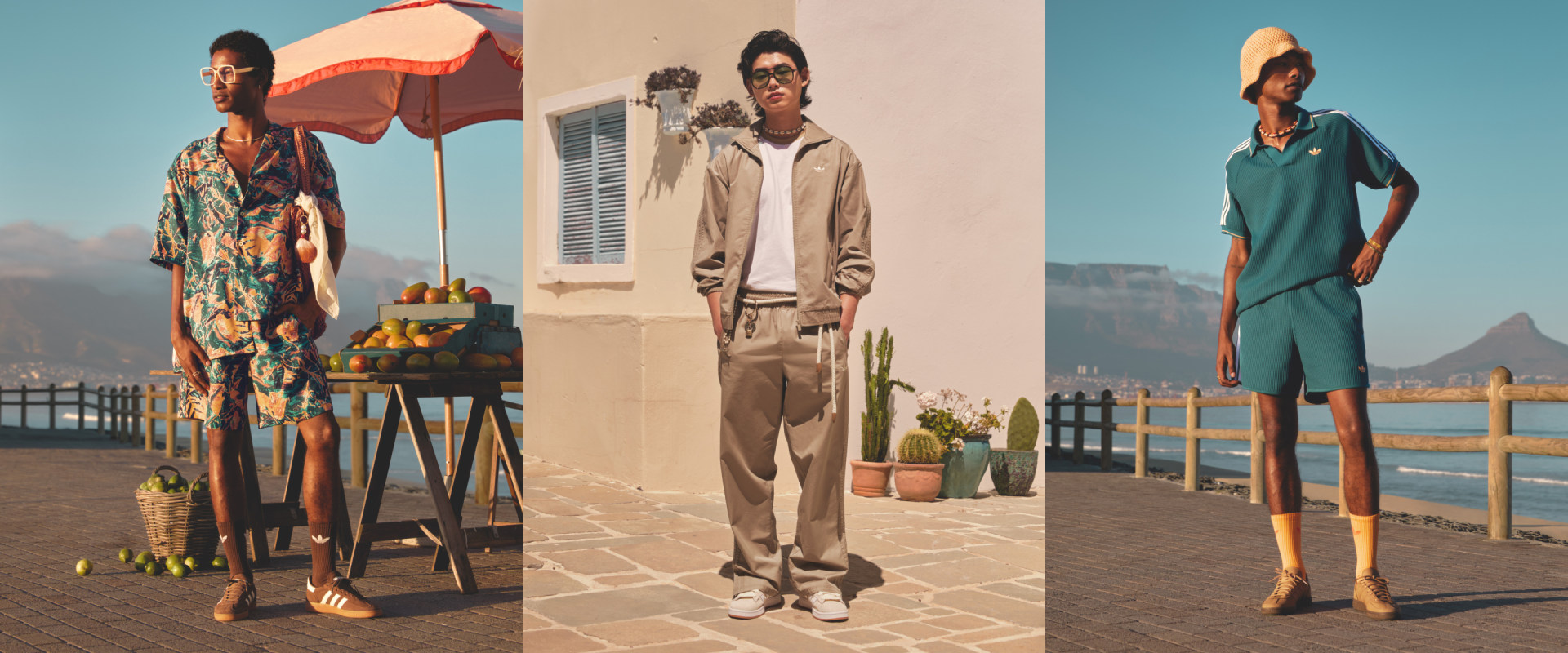 A triptych of two male models wearing adidas 2025 Summer Glow collection.