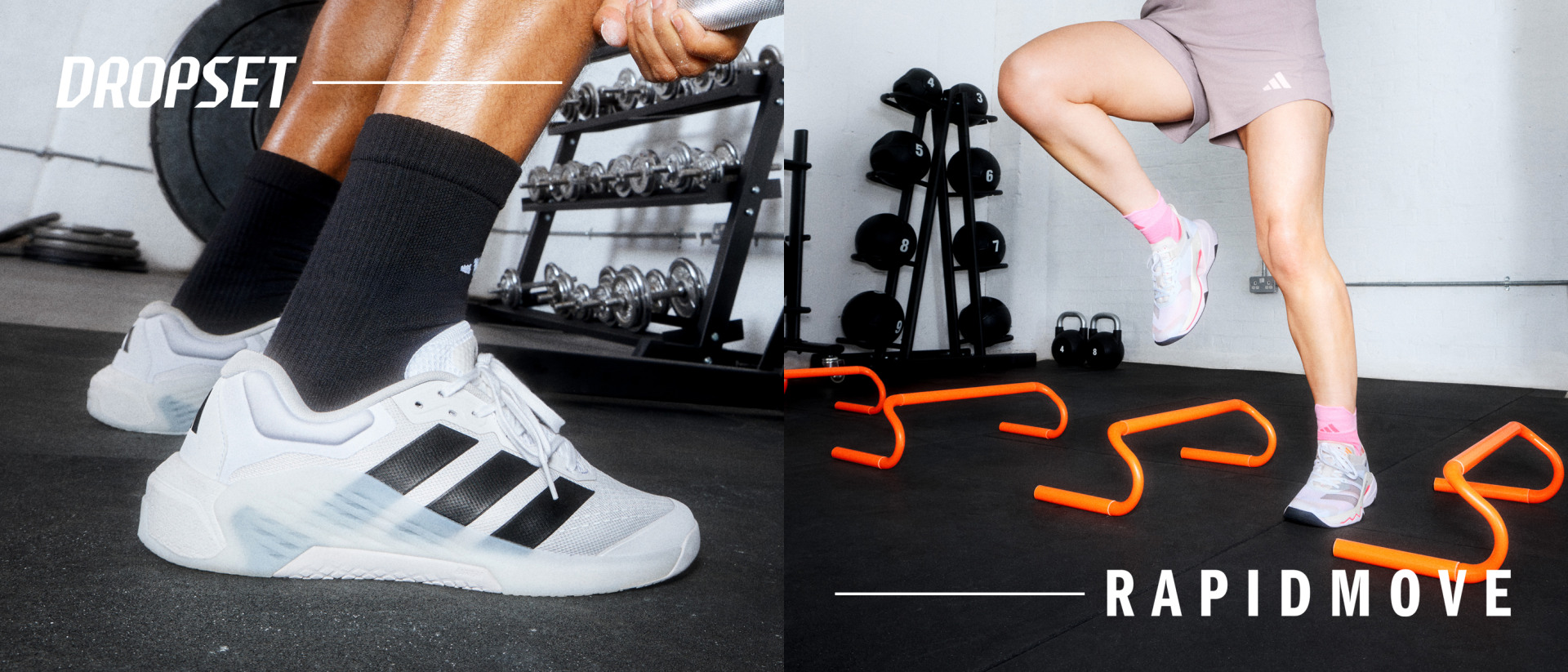 The image shows a person's lower body wearing athletic clothing, including black socks and white sneakers, standing in front of a weight rack with various exercise equipment.