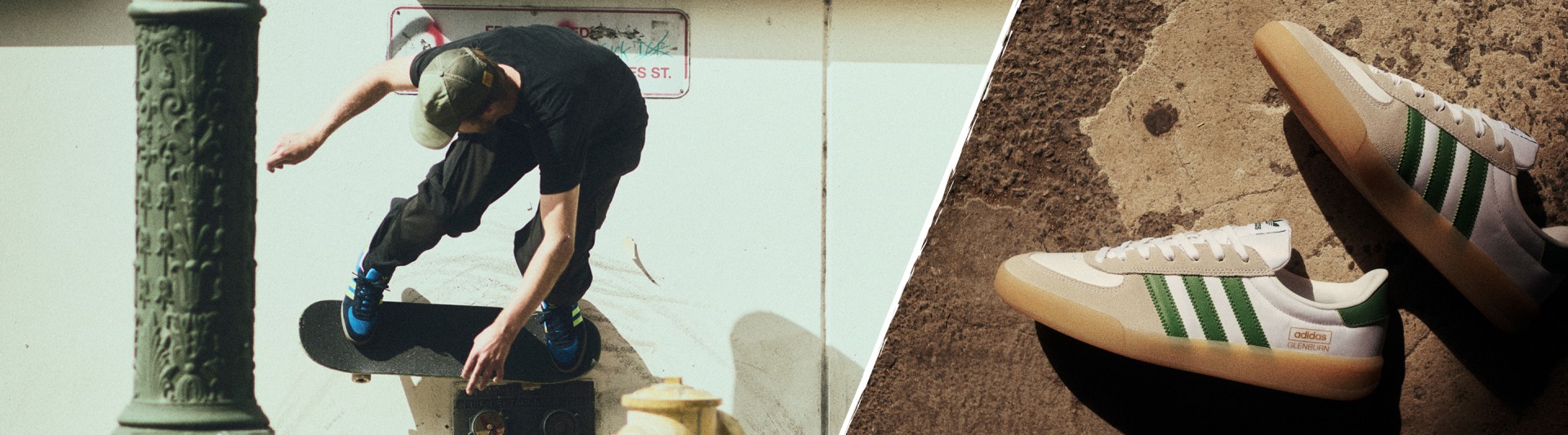Split image showing a skateboarder mid-trick wearing black clothing and blue-accented Glenburn sneakers on the left, and a close-up of another adidas Glenburn skate sneaker in white with green stripes and a gum sole on the right.