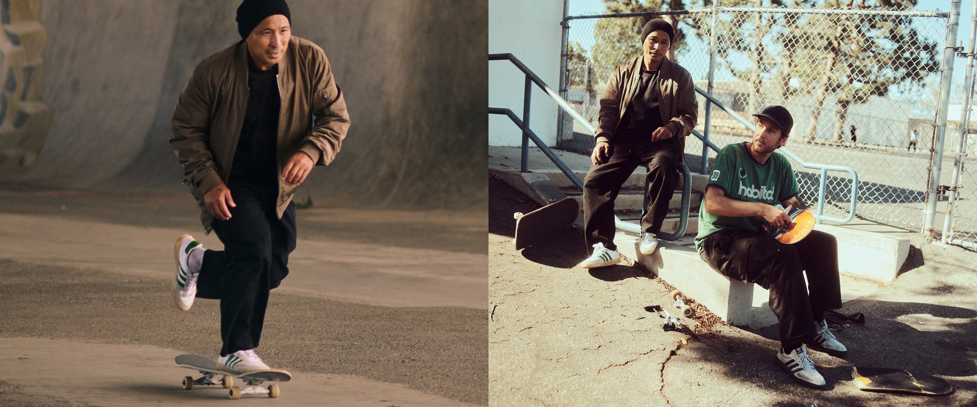 A skateboarder wearing white and grey adidas Glenburn sneakers, black pants, a black beanie, and a brown jacket rides through a dimly lit skate park.
