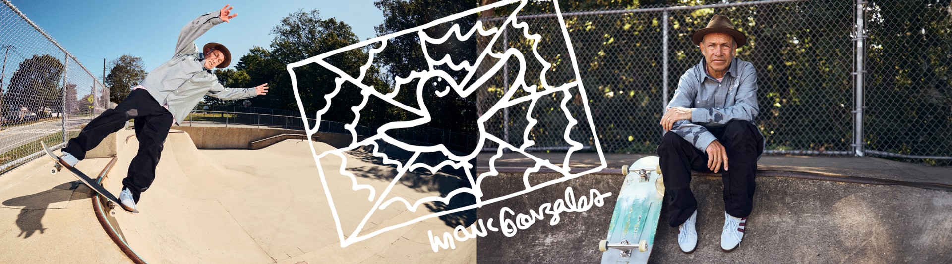 Mark Gonzales wears a light blue jacket and black pants from his adidas Skateboarding Signature Apparel collection, paired with white adidas Aloha Super "Places" sneakers while skating.