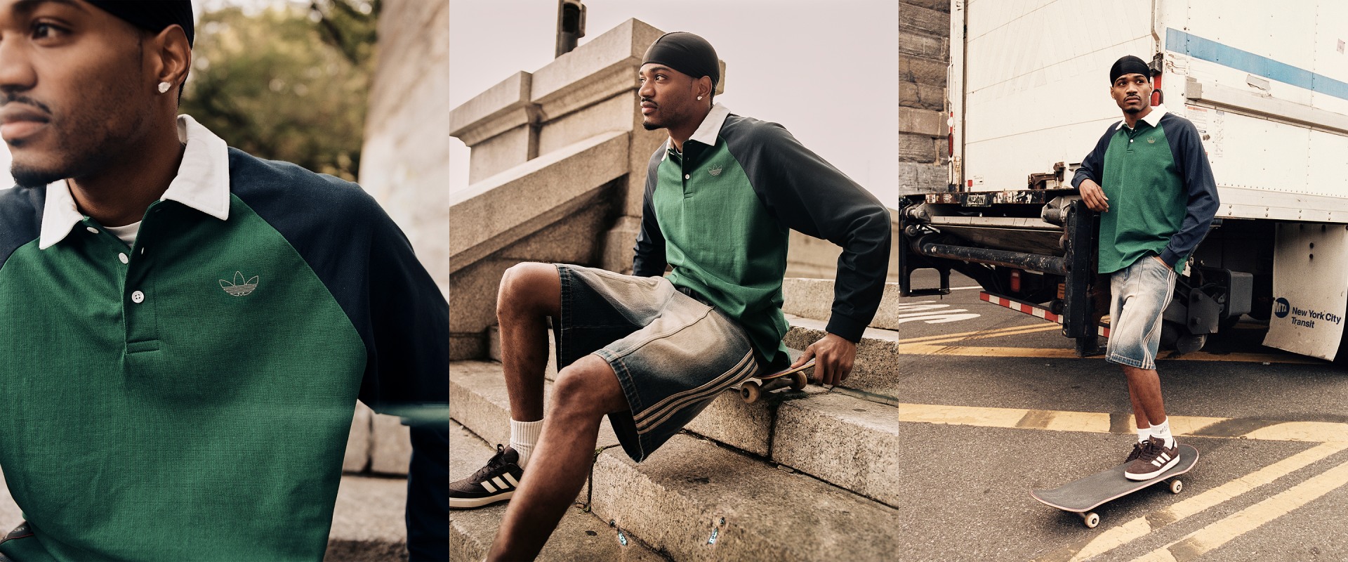 The image depicts a group of young men wearing green sweaters and casual attire, sitting on a stone ledge in an urban setting with buildings and a street visible in the background.