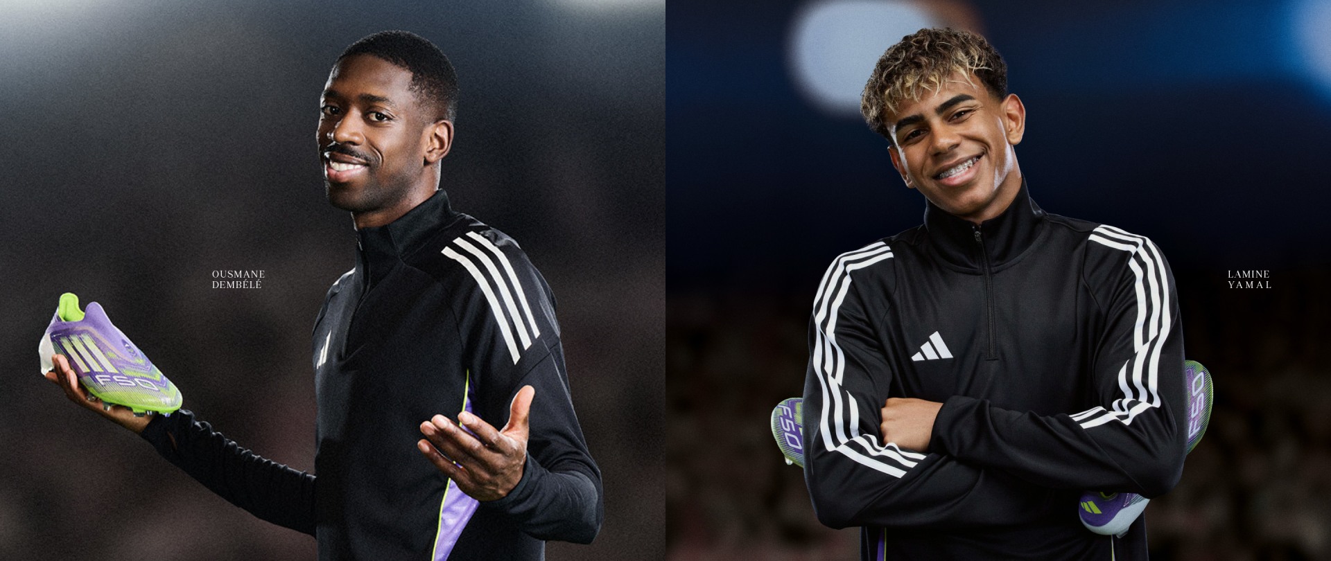 Deux personnes portant des vêtements de sport Adidas noirs, l'une avec une expression sérieuse et l'autre avec un sourire joyeux, sur un fond sombre.