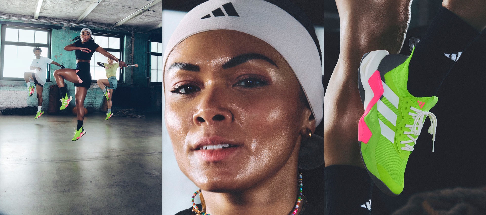 The image shows a woman wearing a hijab and athletic clothing, standing in a fitness studio with exercise equipment and other people visible in the background.