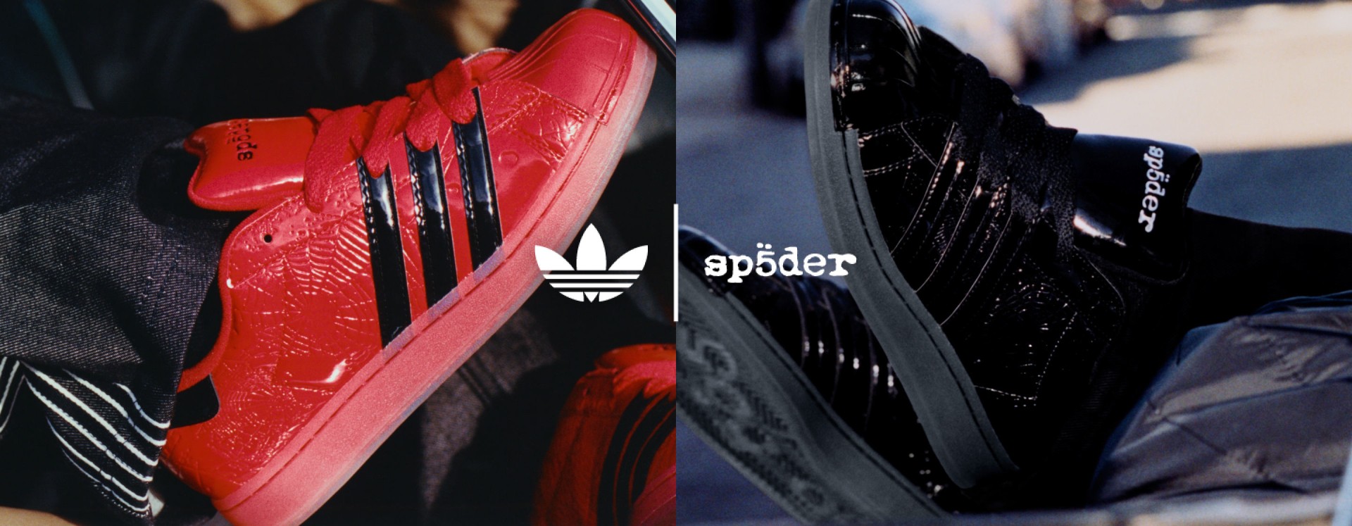 The image shows a pair of red and black Adidas trainers, with the Adidas logo prominently displayed on the side of the shoes.