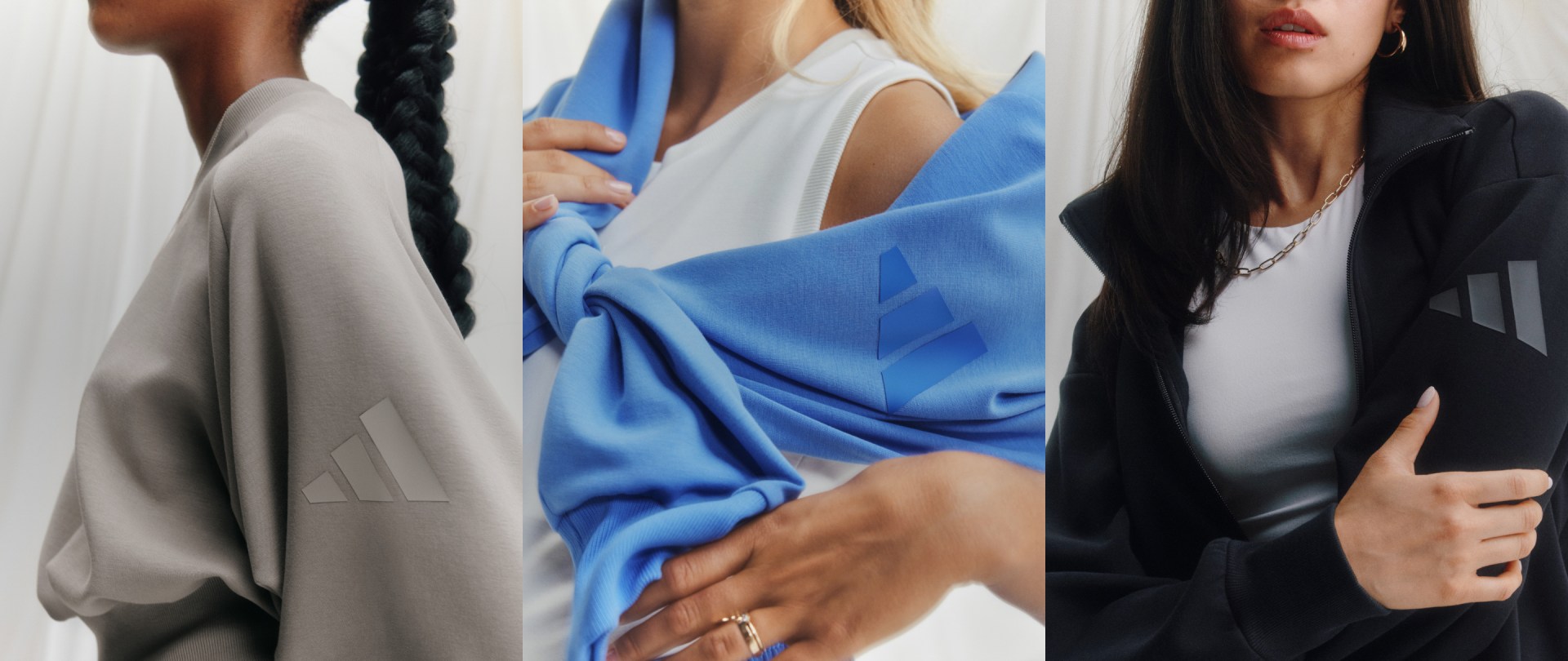 The image features a close-up view of several individuals wearing various clothing items, including a blue draped fabric, a white garment, and a black jacket.