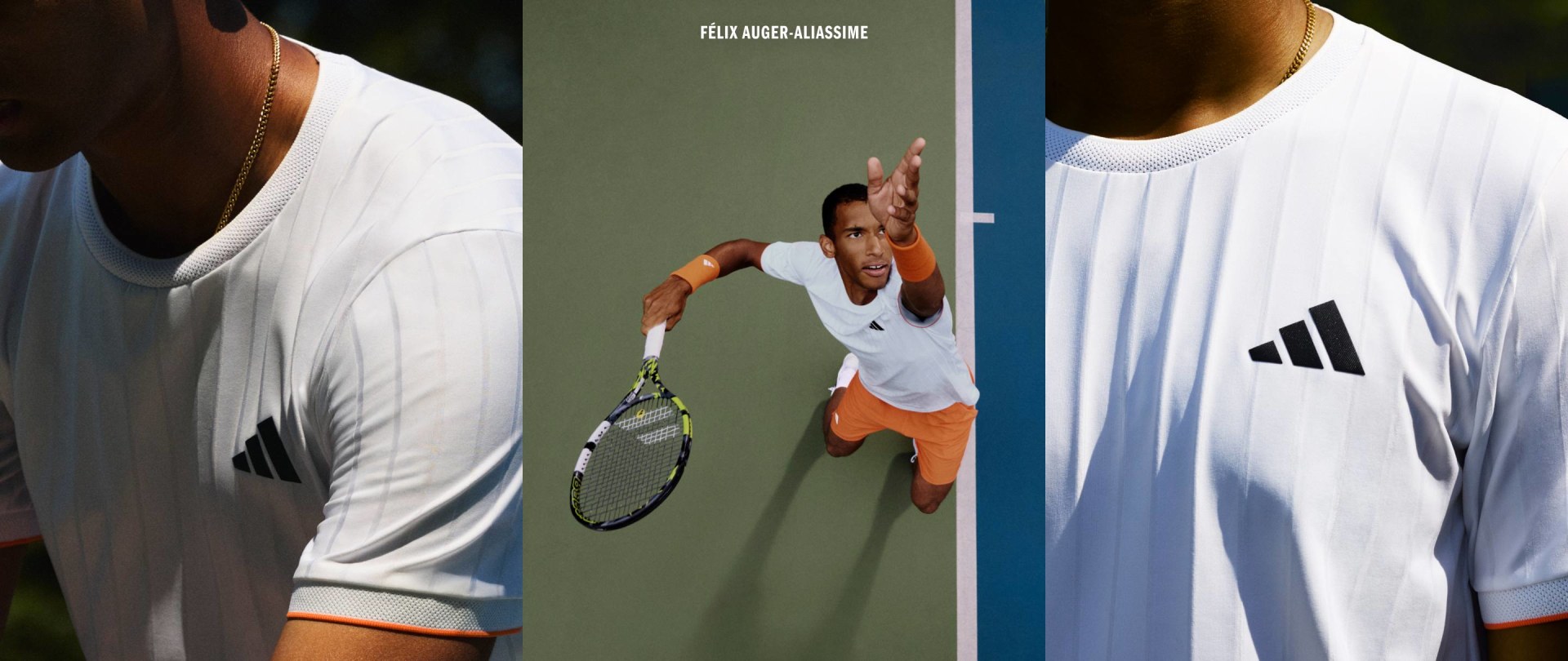Tríptico con dos primeros planos de la nueva camiseta de la colección Melbourne vestida de blanco. La imagen central muestra a Félix Auger Aliassime en acción en la cancha, listo para servir.