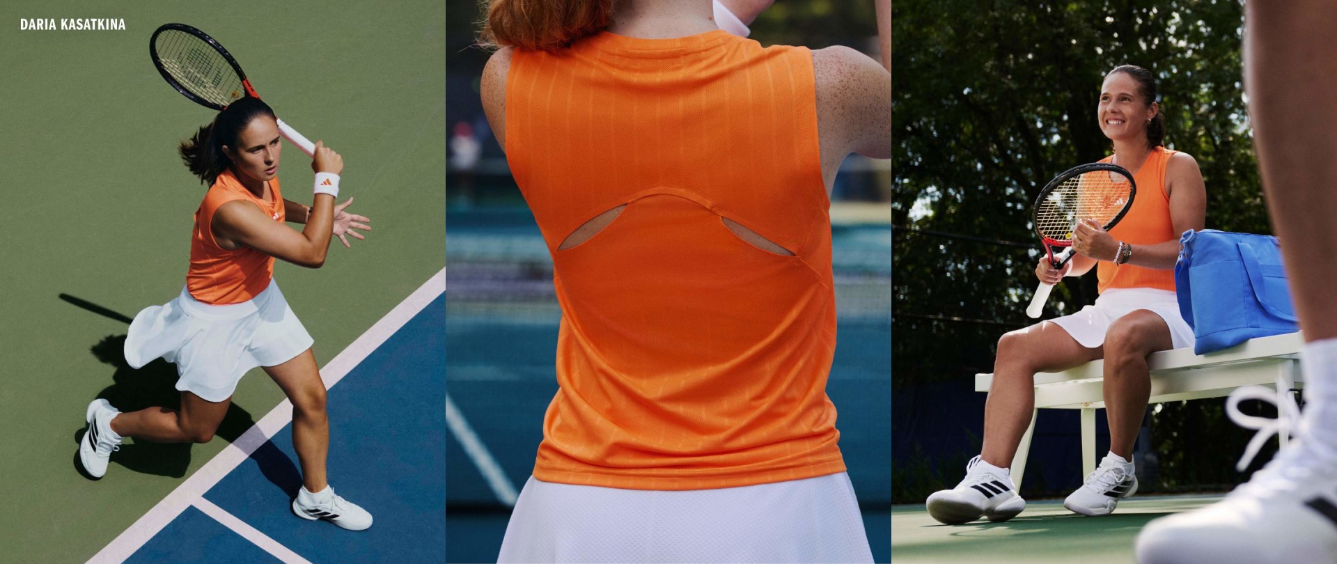Tríptico con la nueva colección Melbourne de Daria Kasatkina en acción, primer plano de las aberturas en la espalda de la camiseta de tirantes e imagen del jugador sentado en el banco junto a la pista de tenis, con la raqueta en la mano.