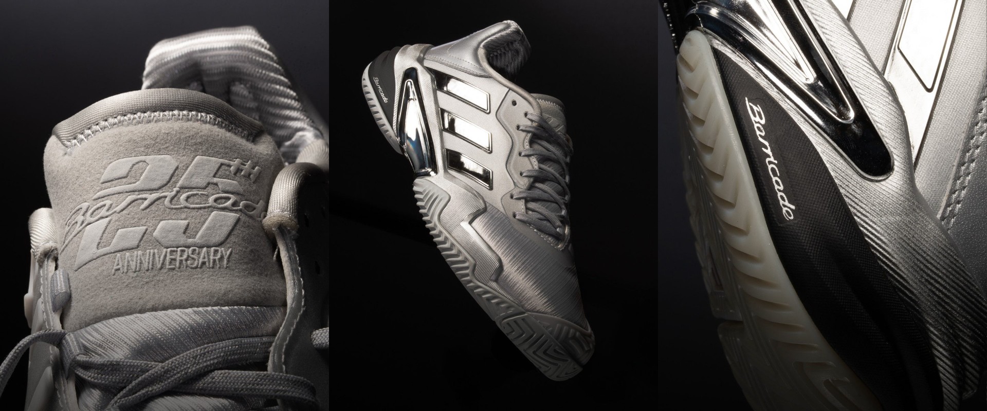 The image features a close-up view of various sports shoes, including a pair of white and black athletic shoes with the Adidas logo prominently displayed, set against a dark background.