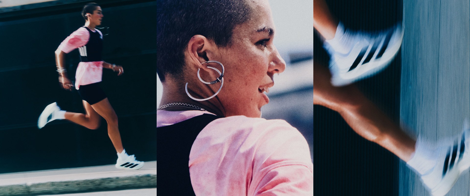 A close-up view of a person's face, with large hoop earrings and a pink shirt visible in the background.