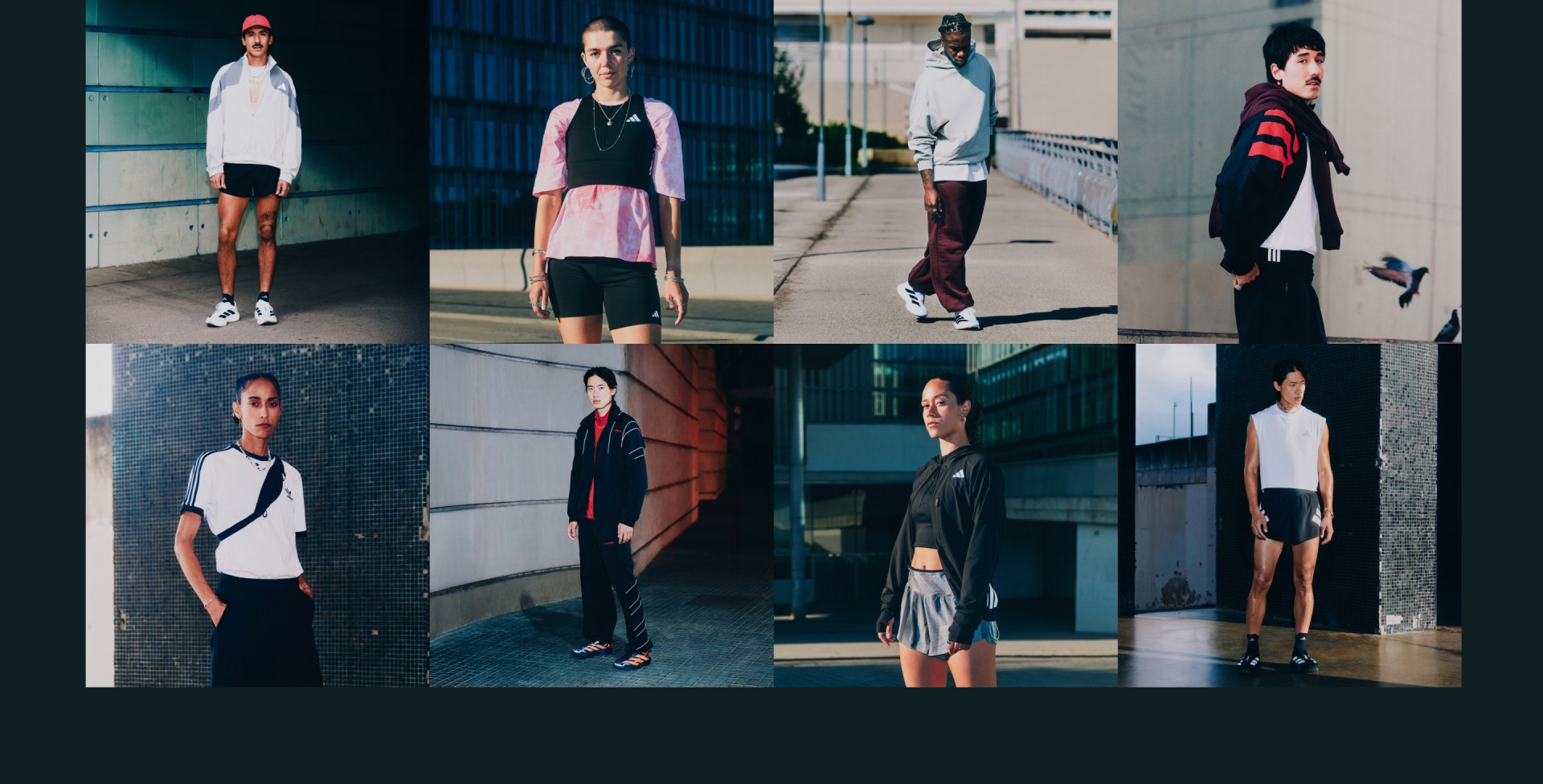 The image is a collage of several fashion-forward individuals posing in various stylish outfits against a modern, urban backdrop.