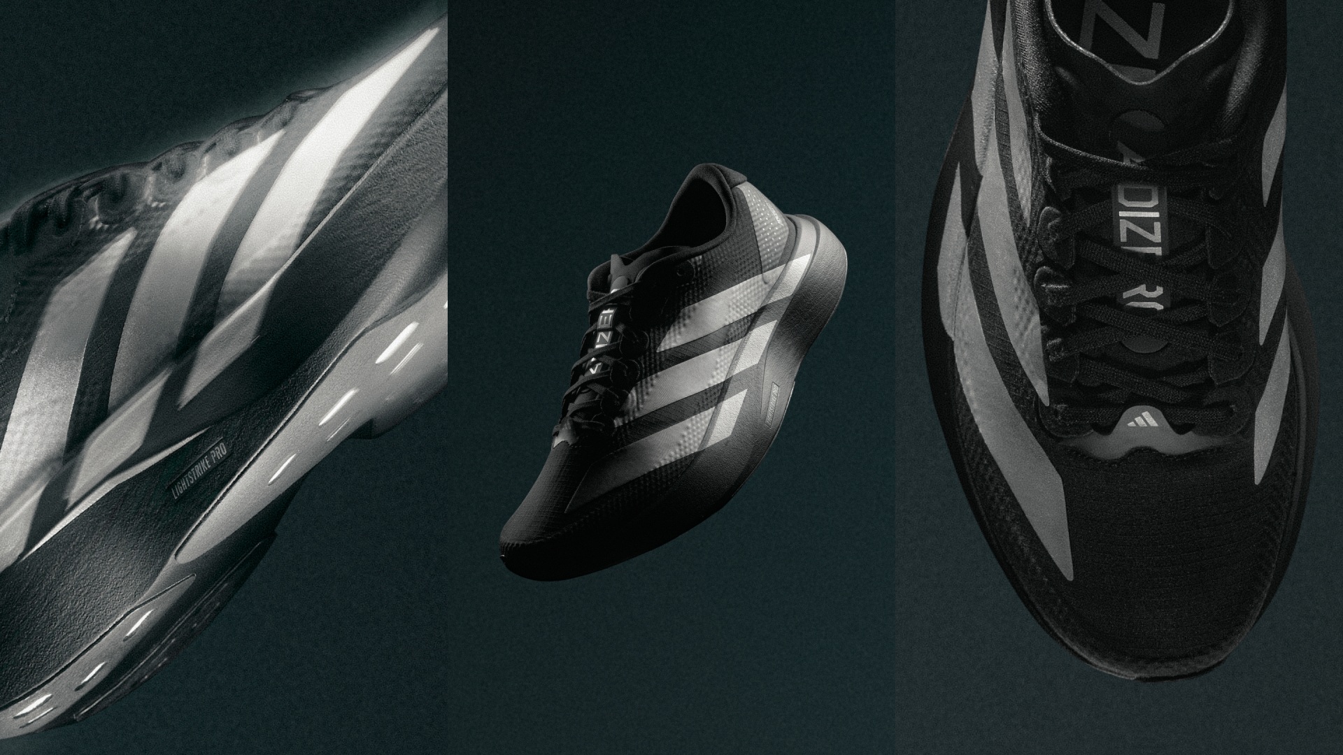 The image showcases a pair of sleek and modern-looking sports shoes in a dark, dramatic lighting setup, highlighting their streamlined design and bold color contrasts.