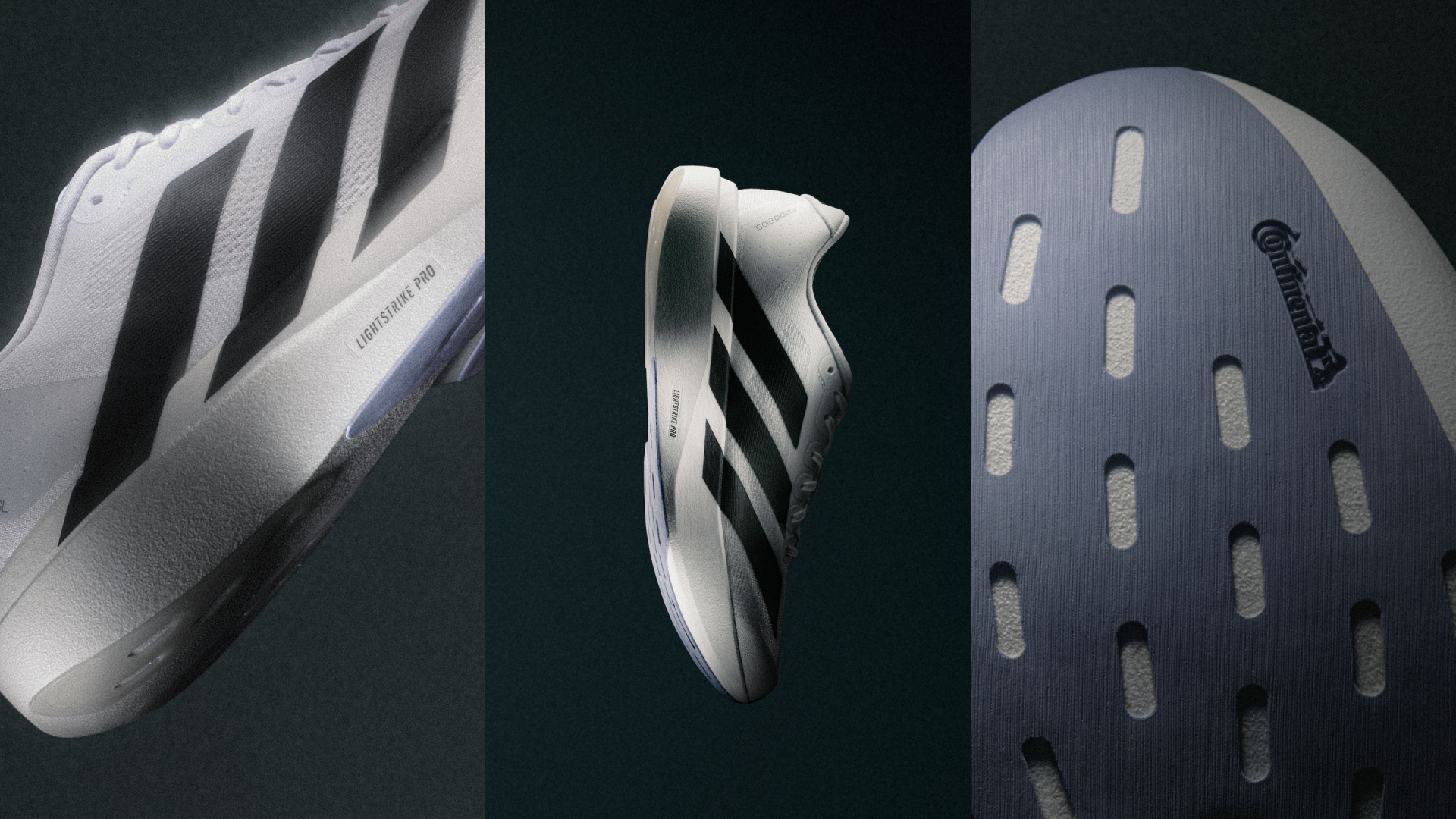 The image features two pairs of white athletic shoes, one in the foreground and the other in the background, against a dark background.