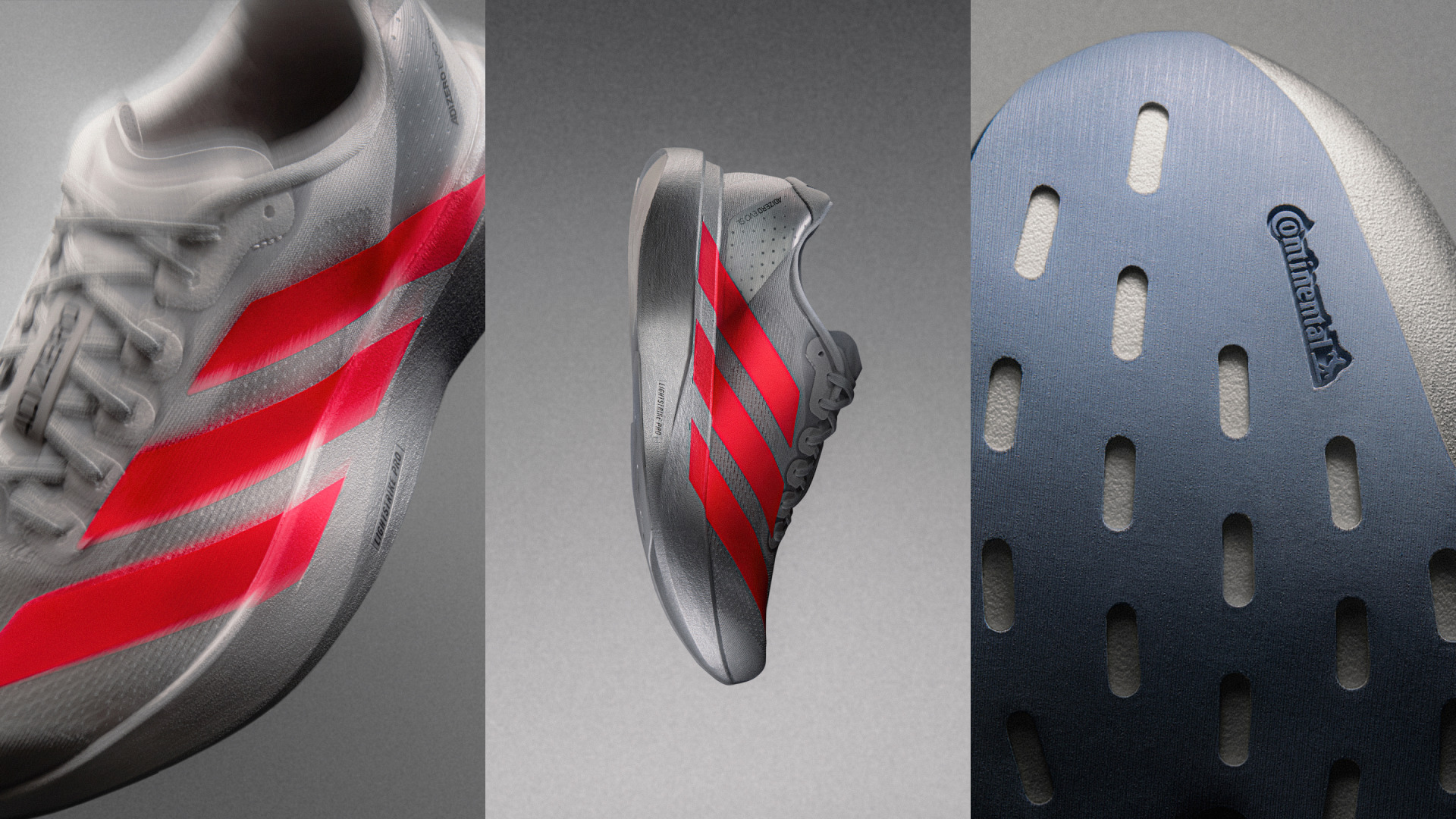 The image showcases various sports equipment, including a pair of athletic shoes with distinctive red and gray stripes, a sports shoe sole, and a perforated sports shoe design.