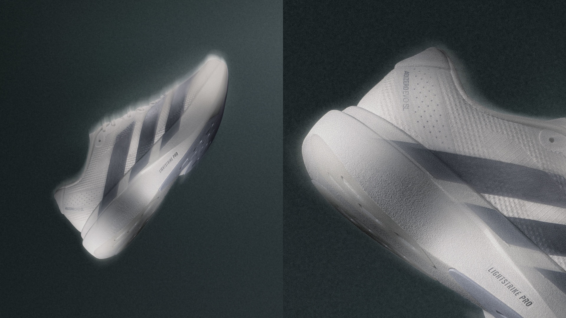 The image shows a pair of white athletic shoes with distinctive design elements, set against a dark background.