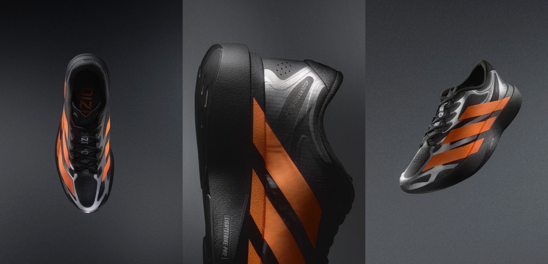 The image depicts three soccer cleats in various angles, showcasing their sleek and modern design with bold orange and black color schemes against a dark background.
