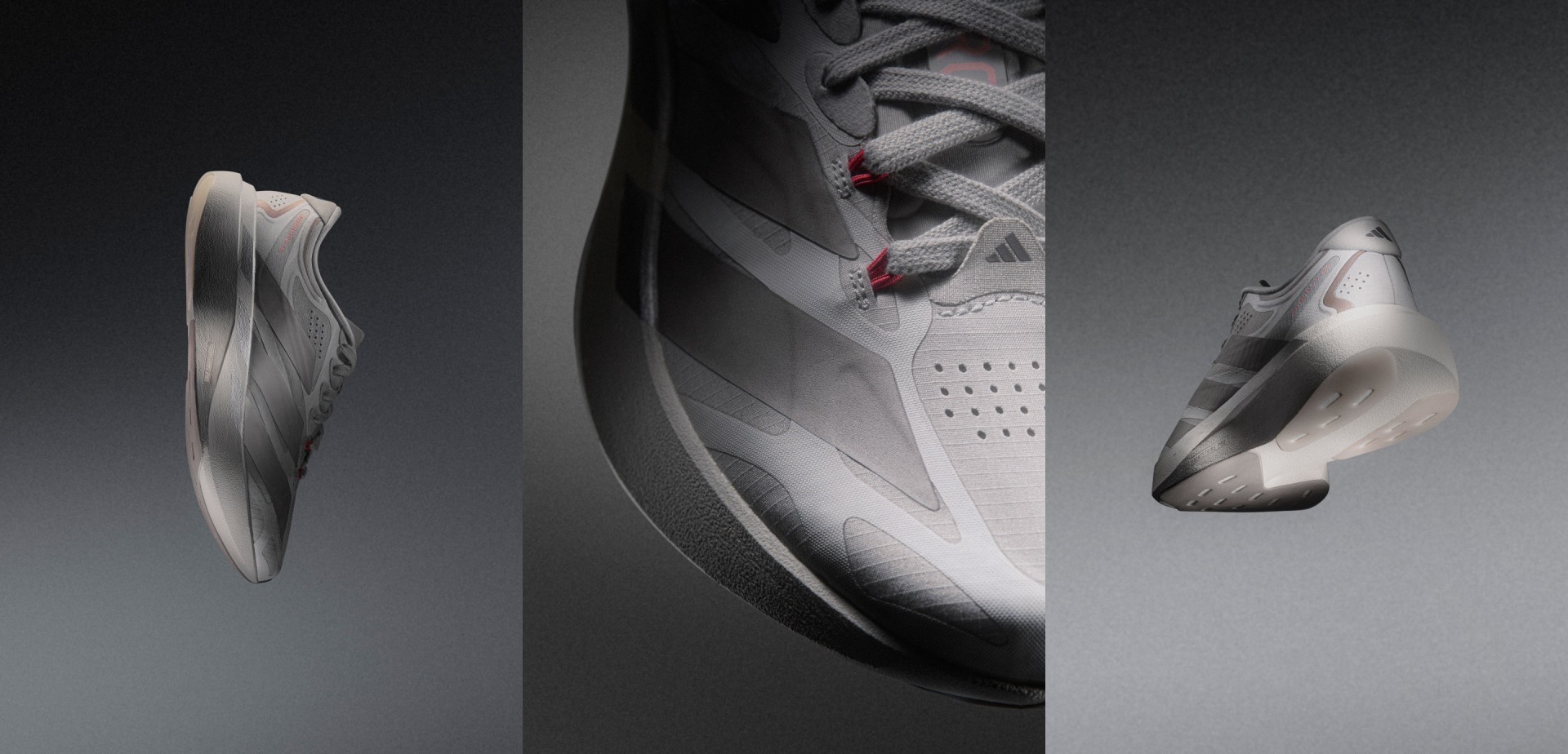 The image features a close-up view of a sneaker, showcasing its intricate design and details. The sneaker's upper is prominently displayed, with a textured pattern and laces that create a visually striking composition against the dark background.