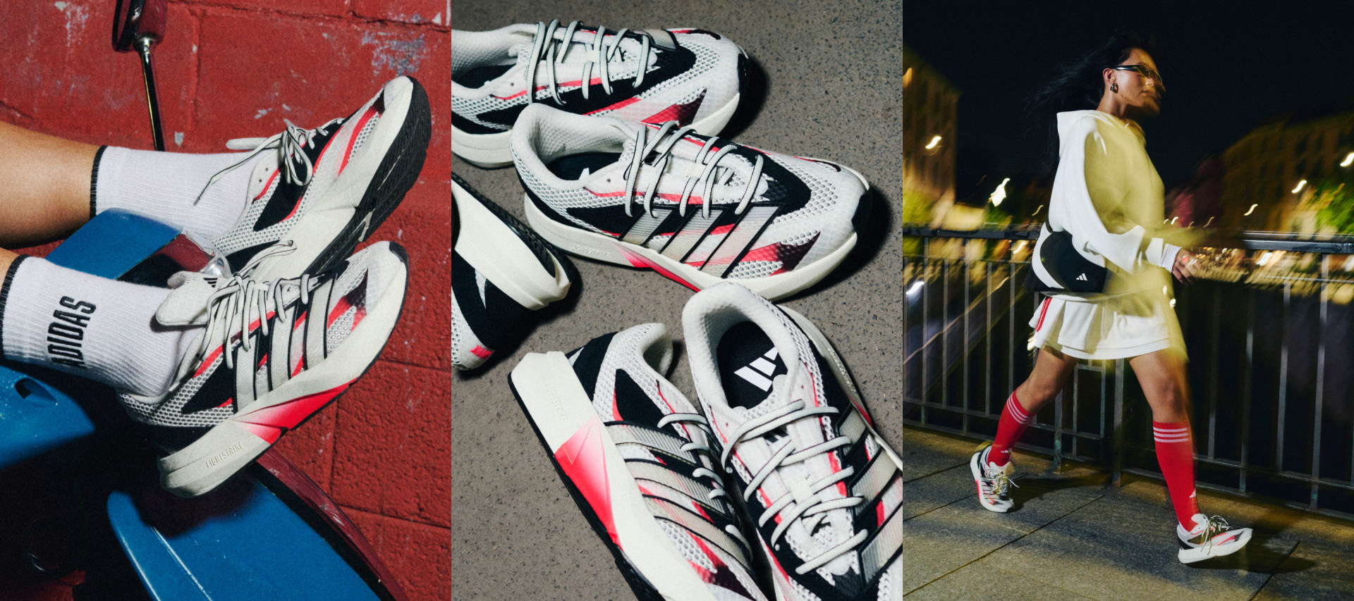 The image shows a vibrant and dynamic graffiti mural on a red wall, with abstract shapes and patterns in black, white, and red. In the background, a person wearing a light-colored dress can be seen walking past the mural.