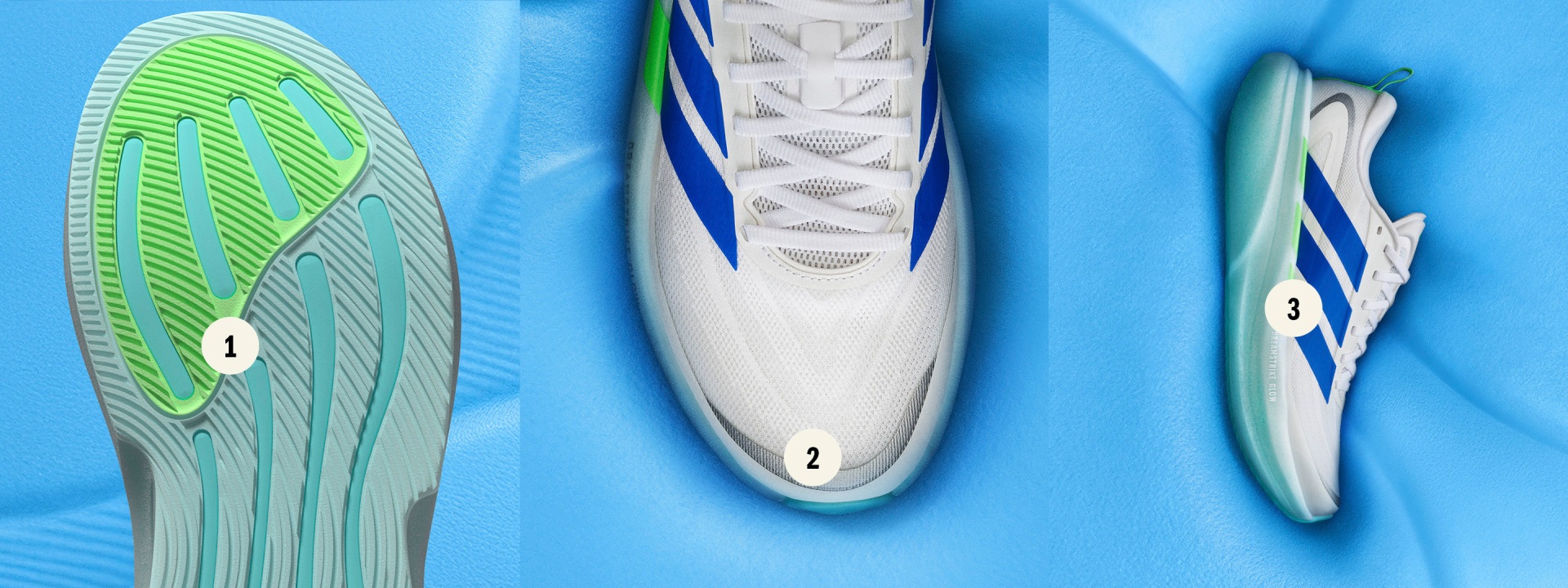 Das Bild zeigt eine Nahaufnahme mehrerer Paar Sportschuhe, darunter ein Paar in Weiß und Blau mit einem auffälligen Muster auf dem Obermaterial, ein Paar in Grün und Weiß und ein Paar in Blau und Weiß. Die Schuhe sind vor einem leuchtend blauen Hintergrund angeordnet und erzeugen so einen auffälligen, leuchtenden Kompositprint.