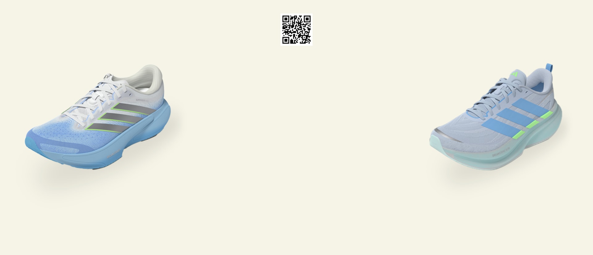 La imagen muestra un par de zapatillas azules y blancas con rayas de colores sobre un fondo beige liso con un código QR en el centro superior.