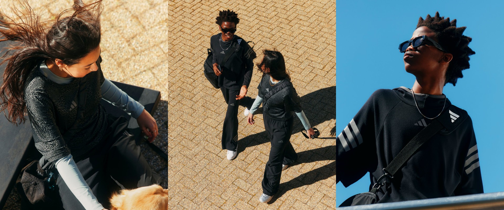 Na obrázku jsou tři osoby v tmavém oblečení, které stojí před cihlovou zdí s modrou oblohou na pozadí.