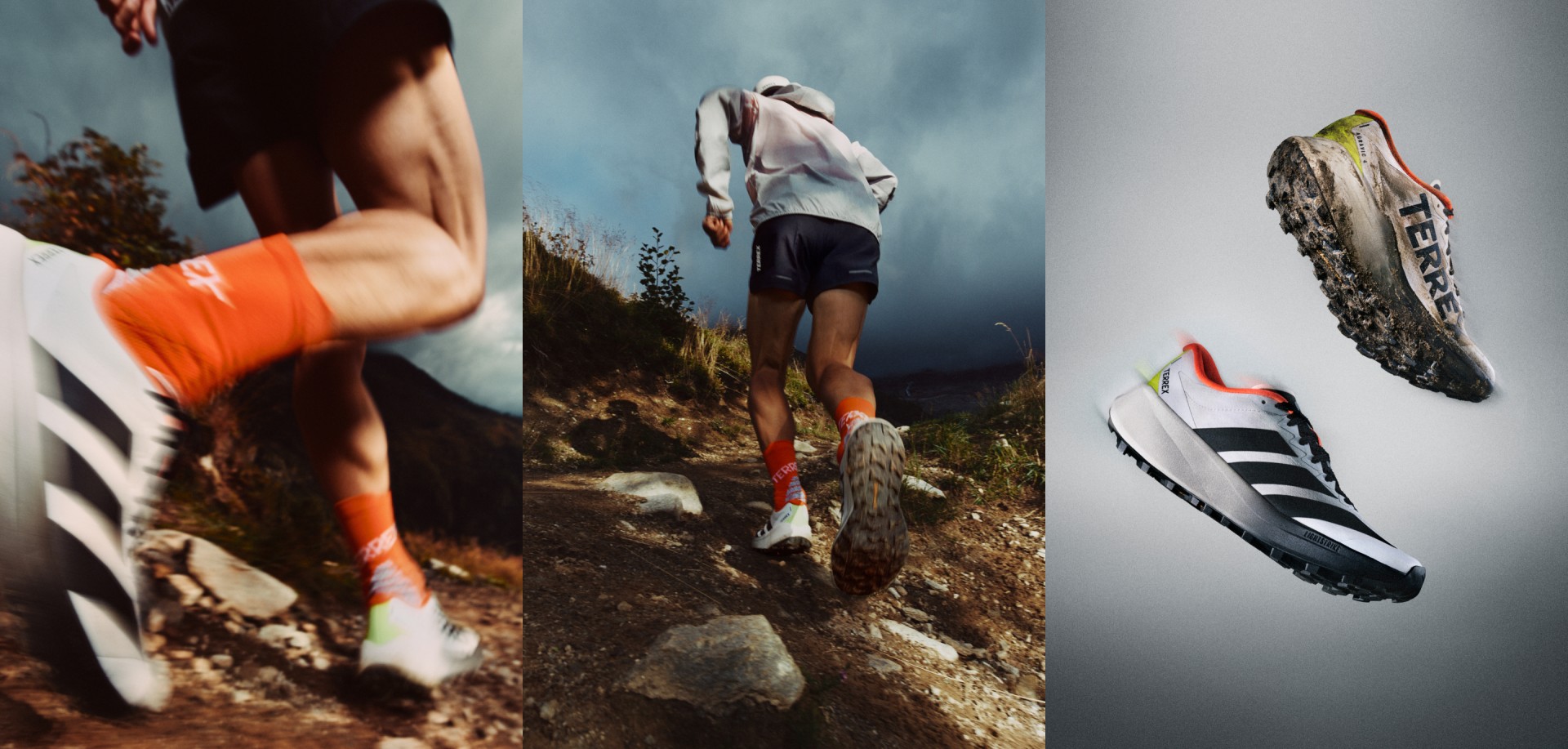 The image features a person running on a rocky trail in a mountainous landscape, with various athletic shoes and gear displayed in the foreground.