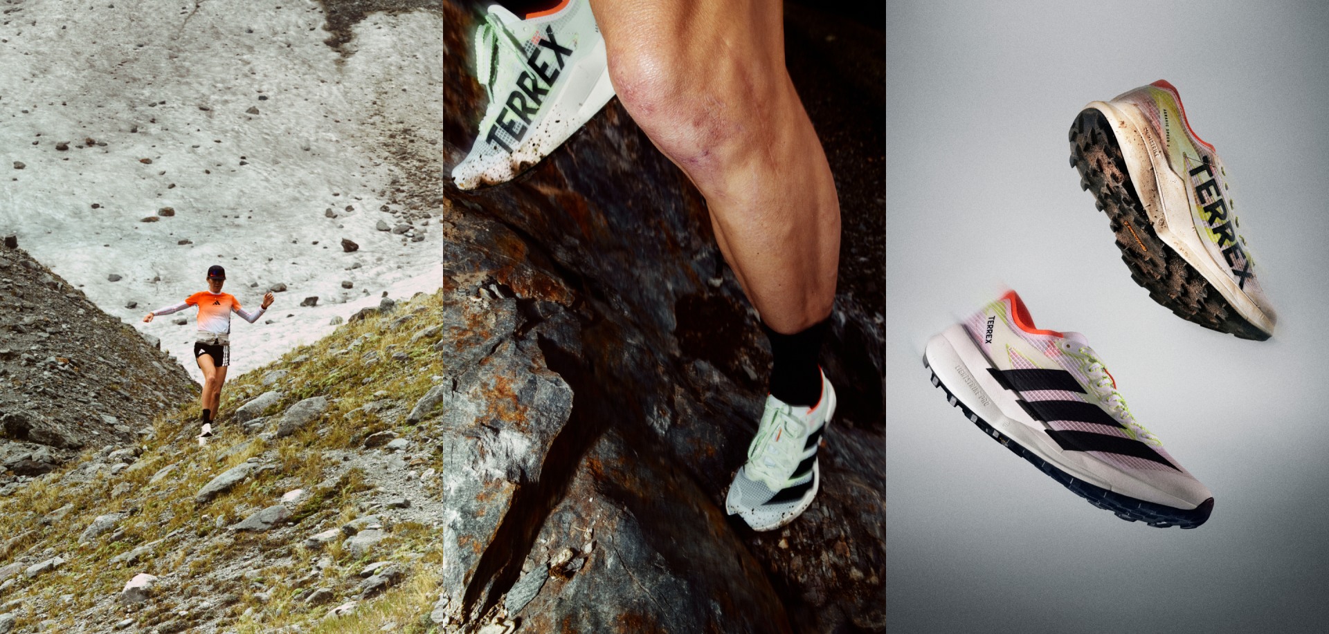 The image shows a person running on a rocky, mountainous terrain, with a pair of athletic shoes in the foreground.