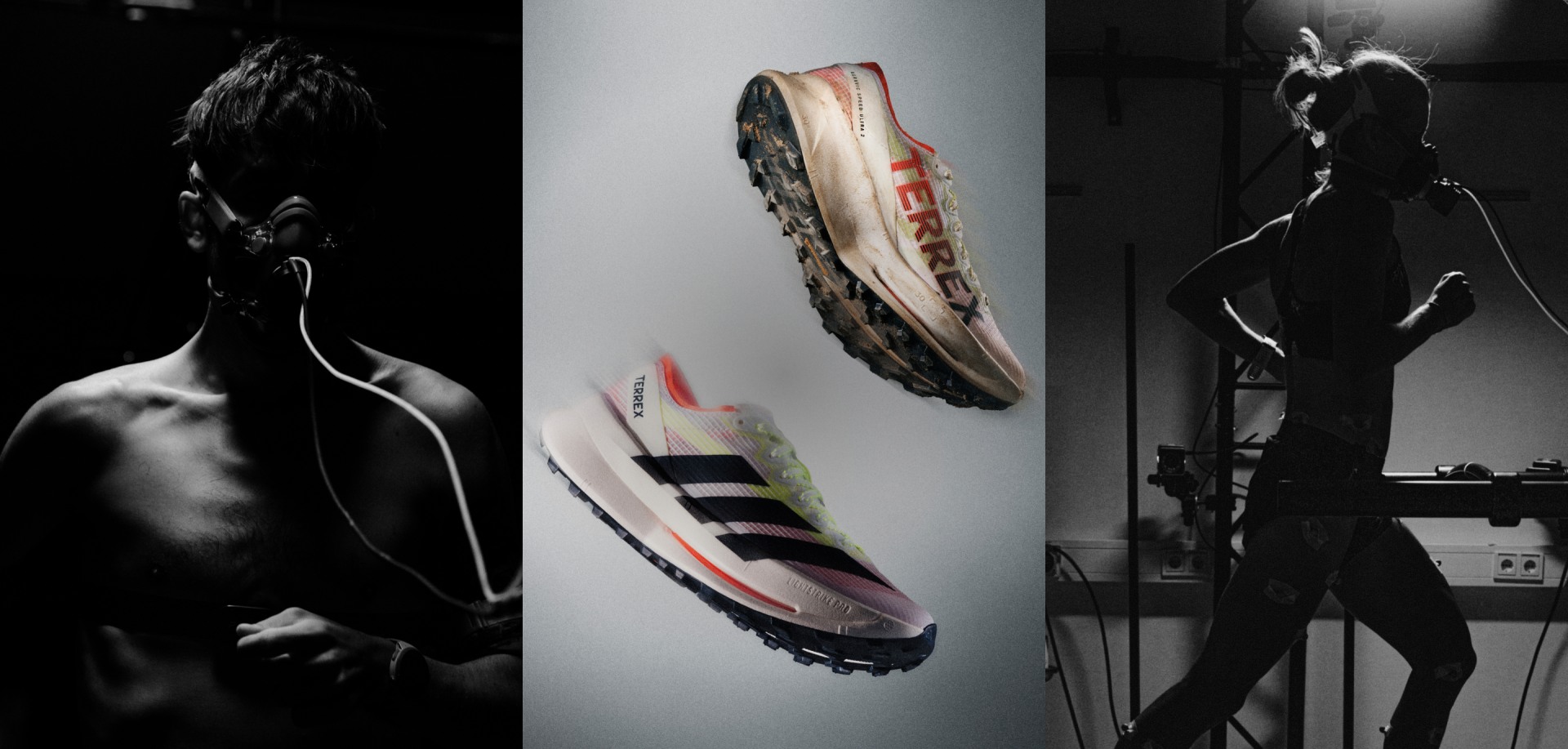 The image features three distinct sections. On the left, a silhouetted figure stands in a dark, moody setting. In the centre, a pair of athletic shoes with a bold, colourful design are prominently displayed. On the right, another silhouetted figure is visible in a similar dark environment.