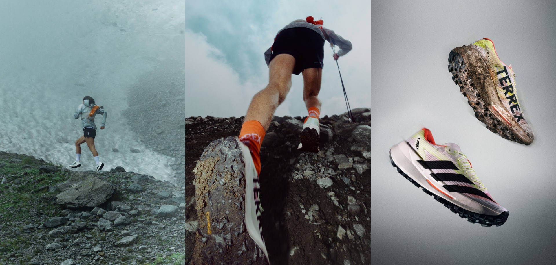 The image shows a person climbing up a rocky cliff, with a glacier or ice formation visible in the background. Additionally, there are images of athletic shoes in the foreground.