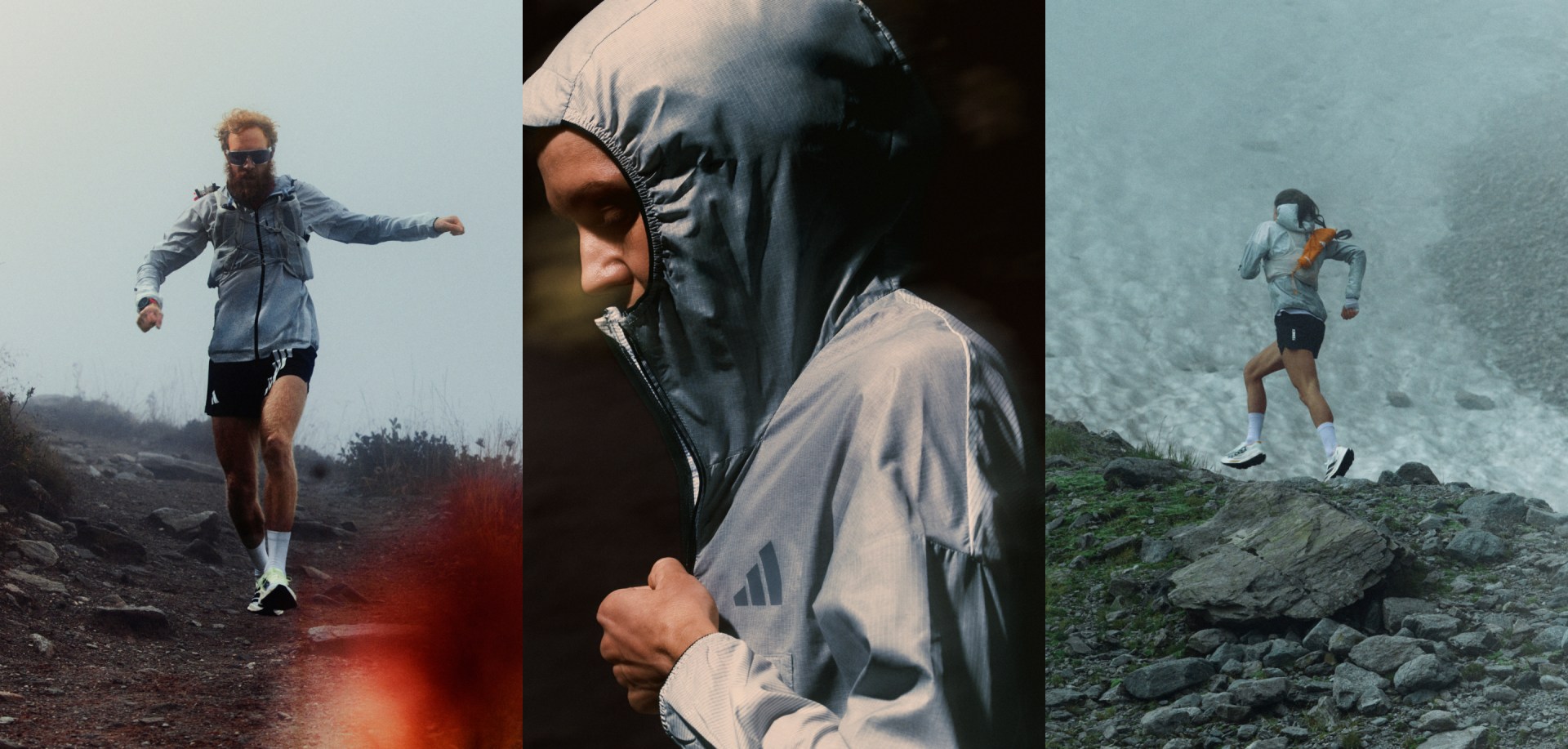 グレーのフード付きジャケットを着て、雪景色を背に岩場や山道に立っている人物と、アスレチックウェアを着た人物が、前景の未舗装の道を走っている。