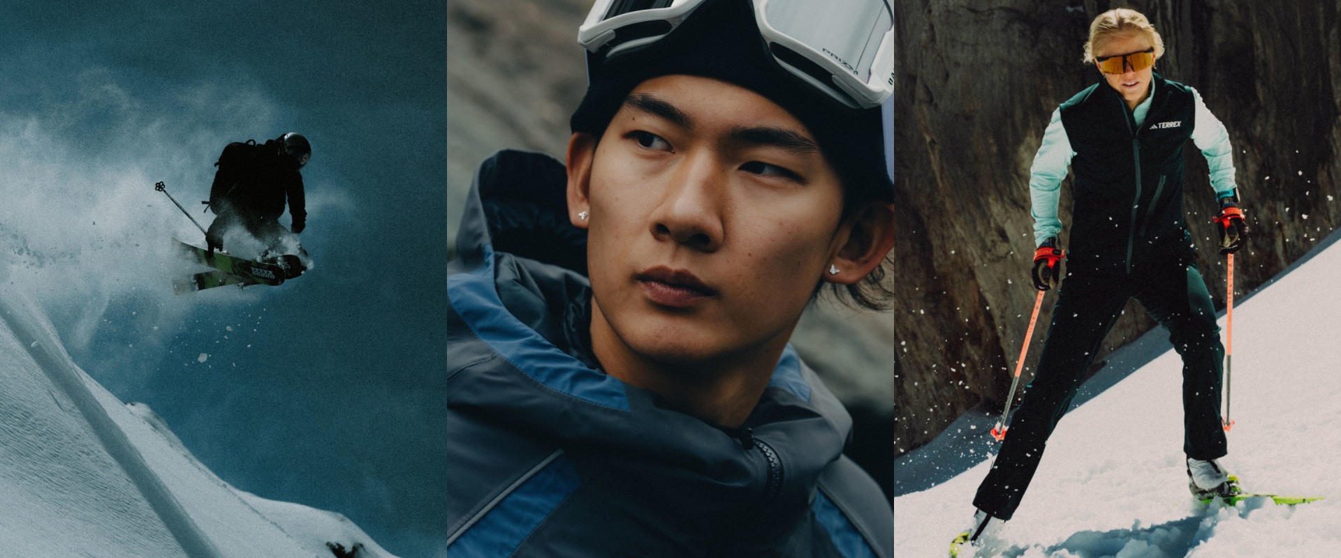 A triptych of images depicting various winter sports, as worn by Su Yiming & Frida Karlsson.