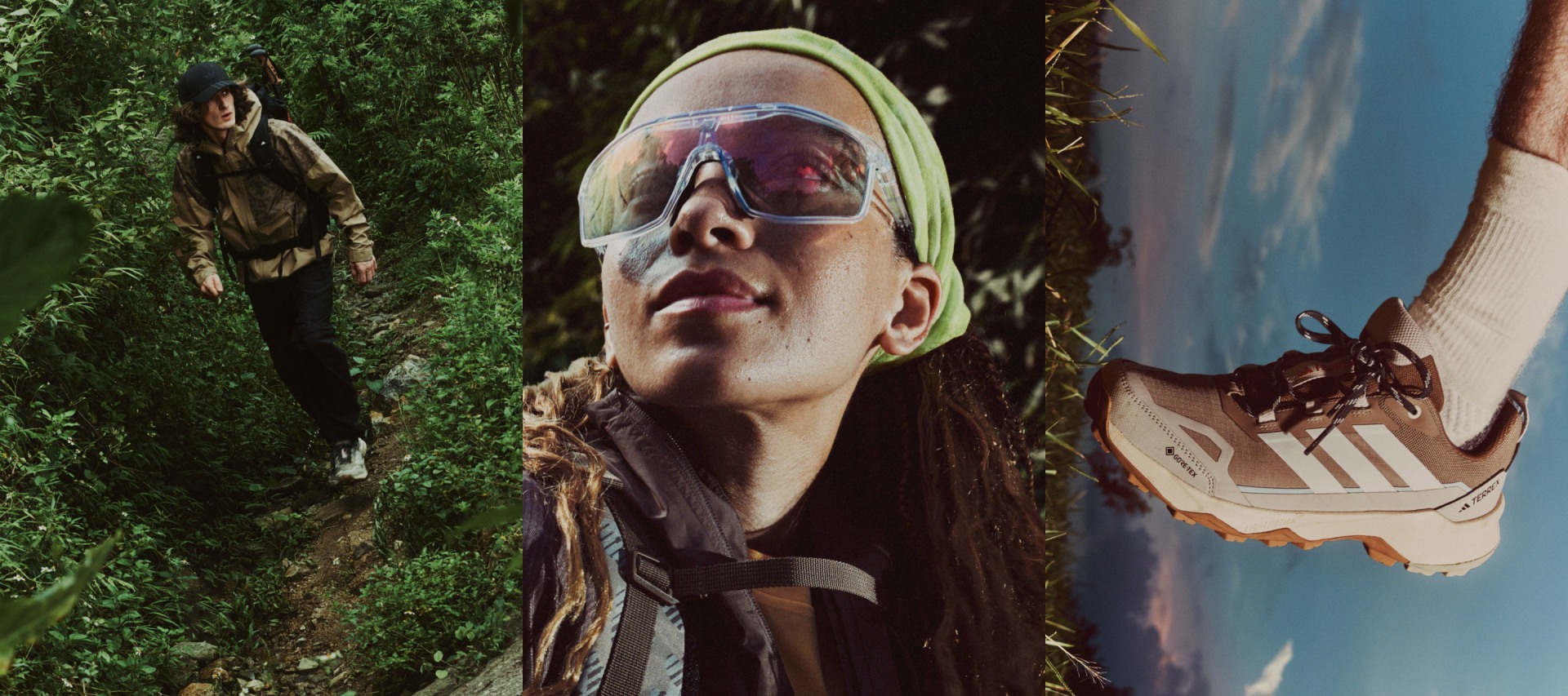 A person wearing camouflage clothing and sunglasses is shown in the foreground, with a scenic outdoor landscape featuring trees and a body of water in the background.