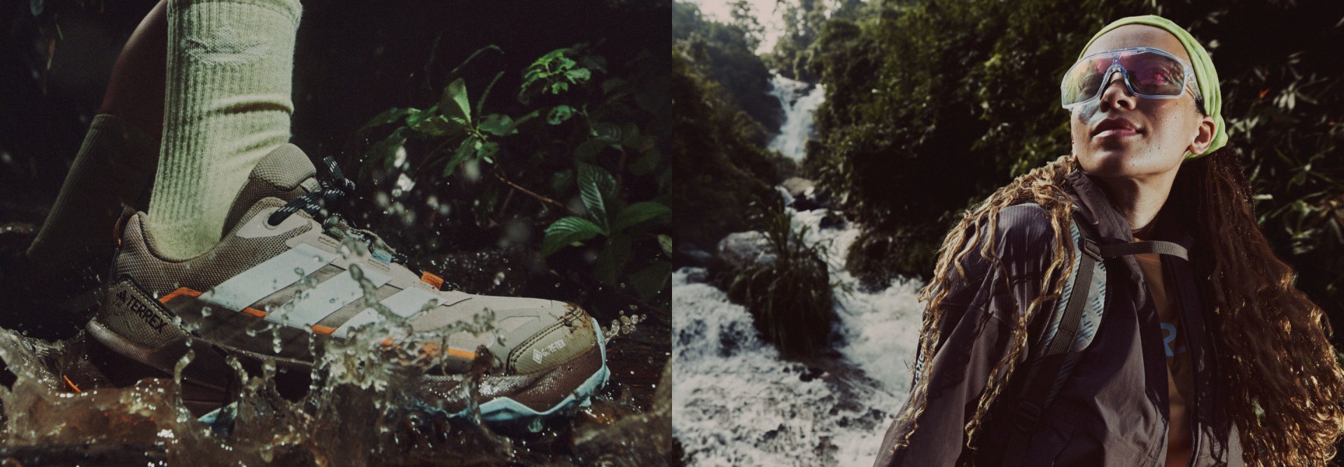 Una persona con una mochila de pie en una zona boscosa exuberante con una cascada en cascada de fondo.