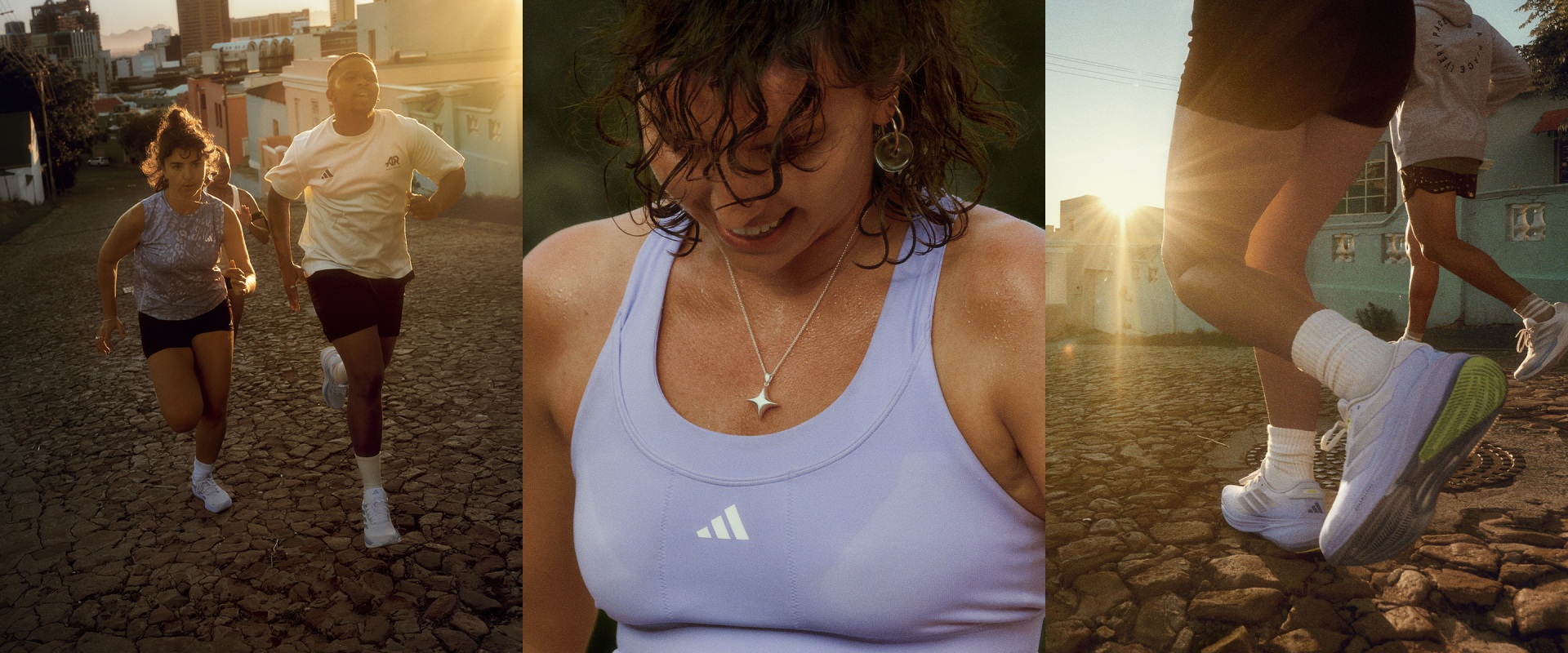 The image shows a person wearing a white tank top standing in a desert-like environment, with other people visible in the background.