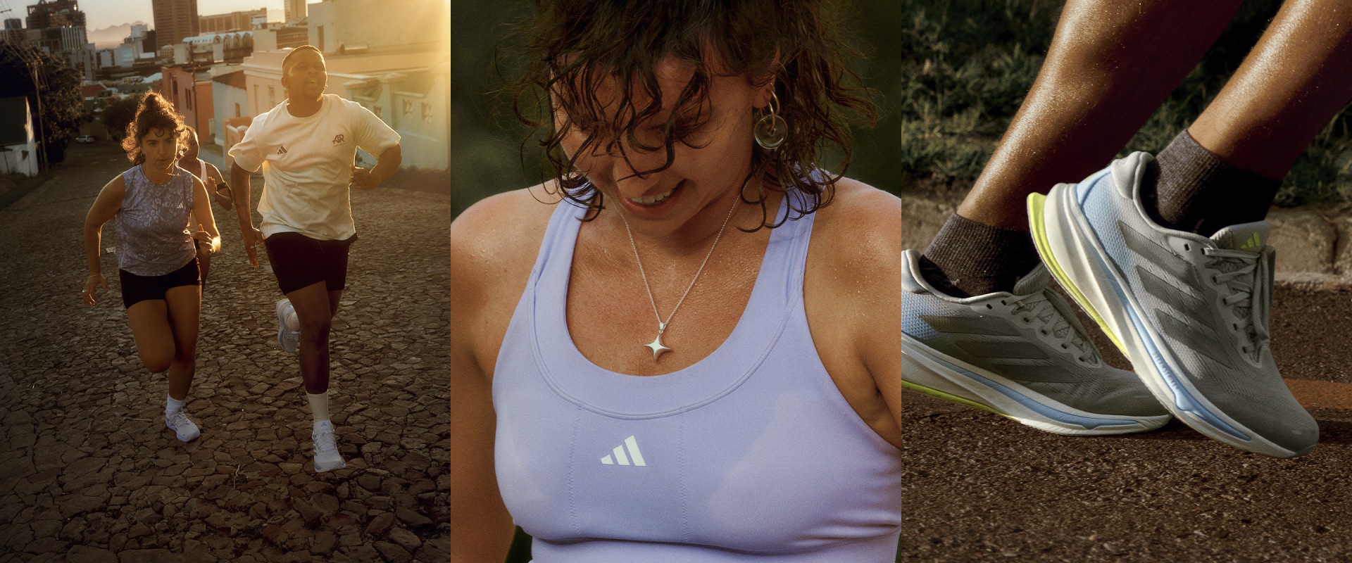 The image shows a woman with wet, wavy hair wearing a white tank top, standing in a grassy area with people walking in the background.