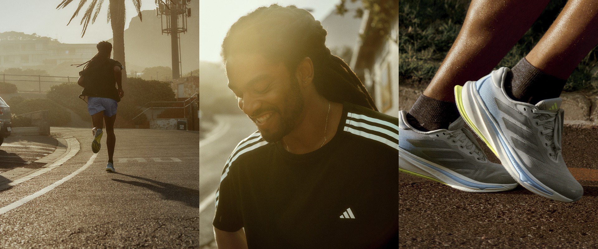The image shows a person wearing an Adidas shirt walking on a path, with a silhouette of another person in the background and a pair of sneakers in the foreground.