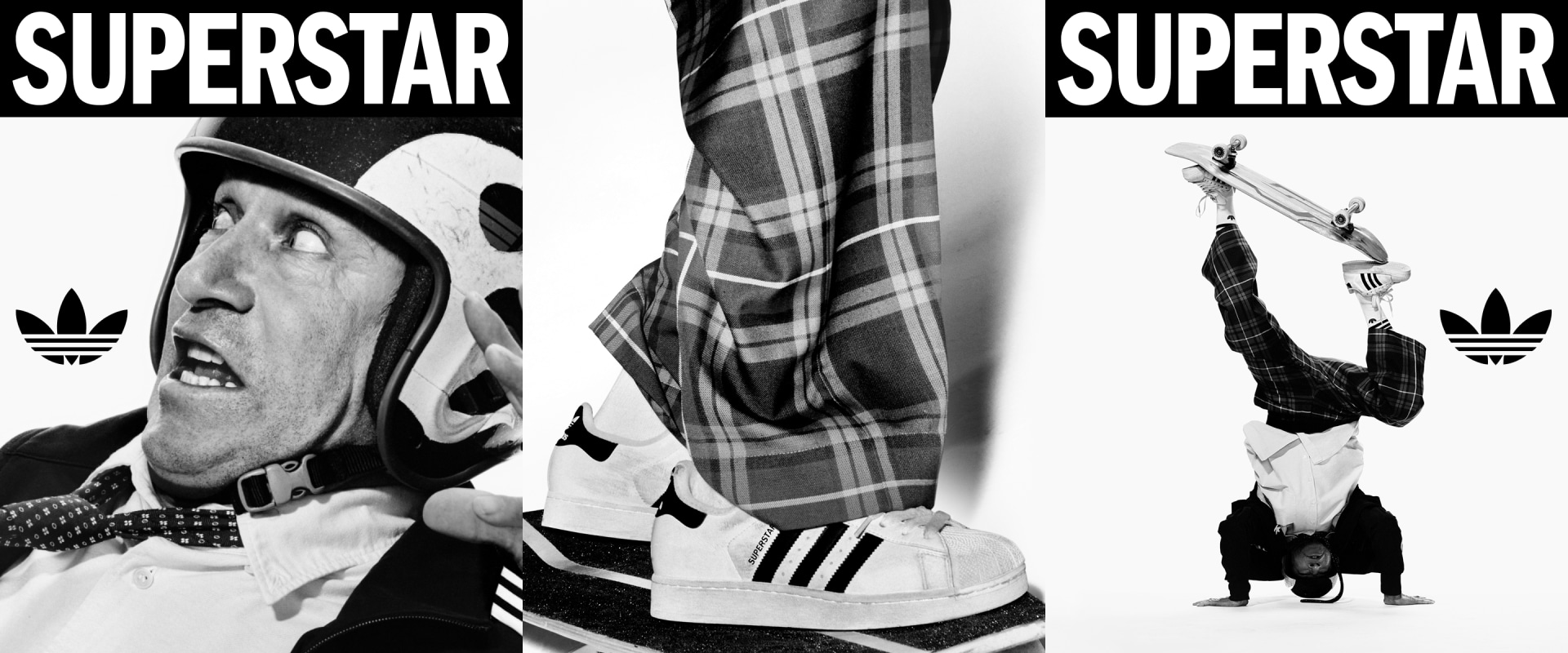 Three-panel adidas ad with “SUPERSTAR” text featuring Mark Gonzales. Left: him in a helmet and tie looking up. Center: close-up of feet in adidas Superstar shoes on a skateboard. Right: him balancing upside down on while holding a skateboard.