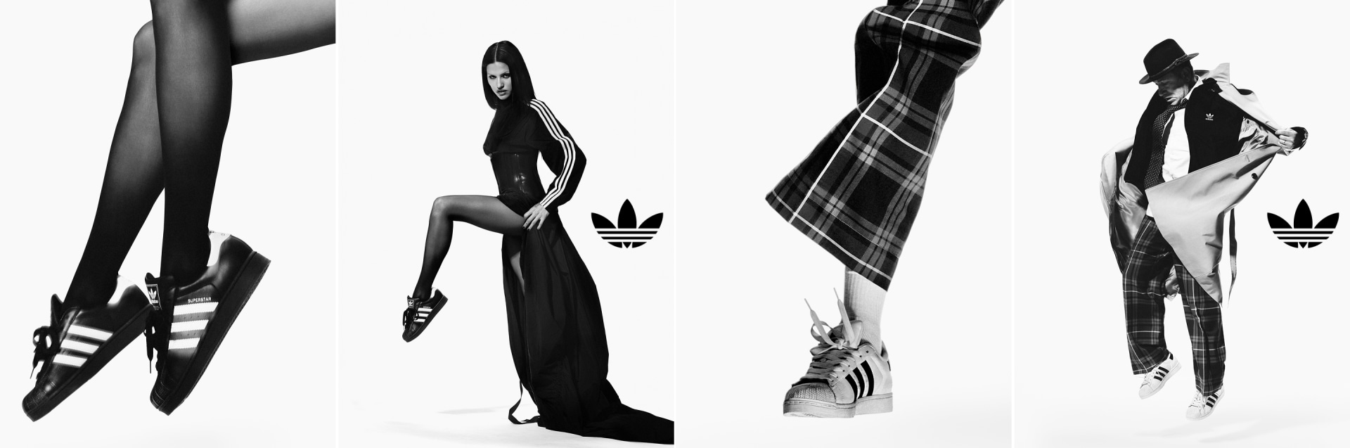 Four black and white adidas Superstar portraits. Left to right: legs in tights with black Superstar shoes, Gabbriette posing with one leg raised in long coat, close-up of Superstar shoes, Mark Gonzales jumping in plaid pants and Superstar shoes.